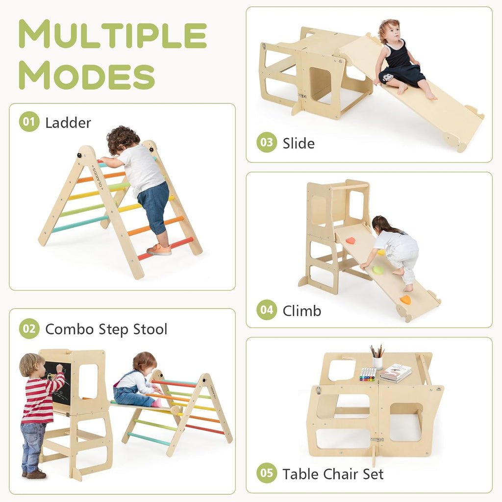 Olakids Pikler Triangle Set 8 in 1 Climbing Toys for Toddlers Foldable Wood Montessori Jungle Gym