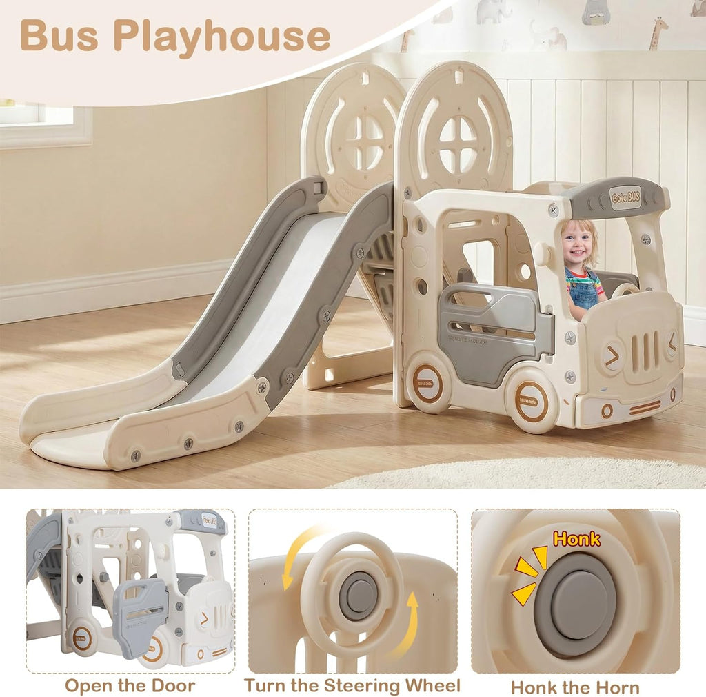 OLAKIDS 5 in 1 Bus Themed Toddler Slide & Swing Set with Climber, Basketball Hoop & Playhouse