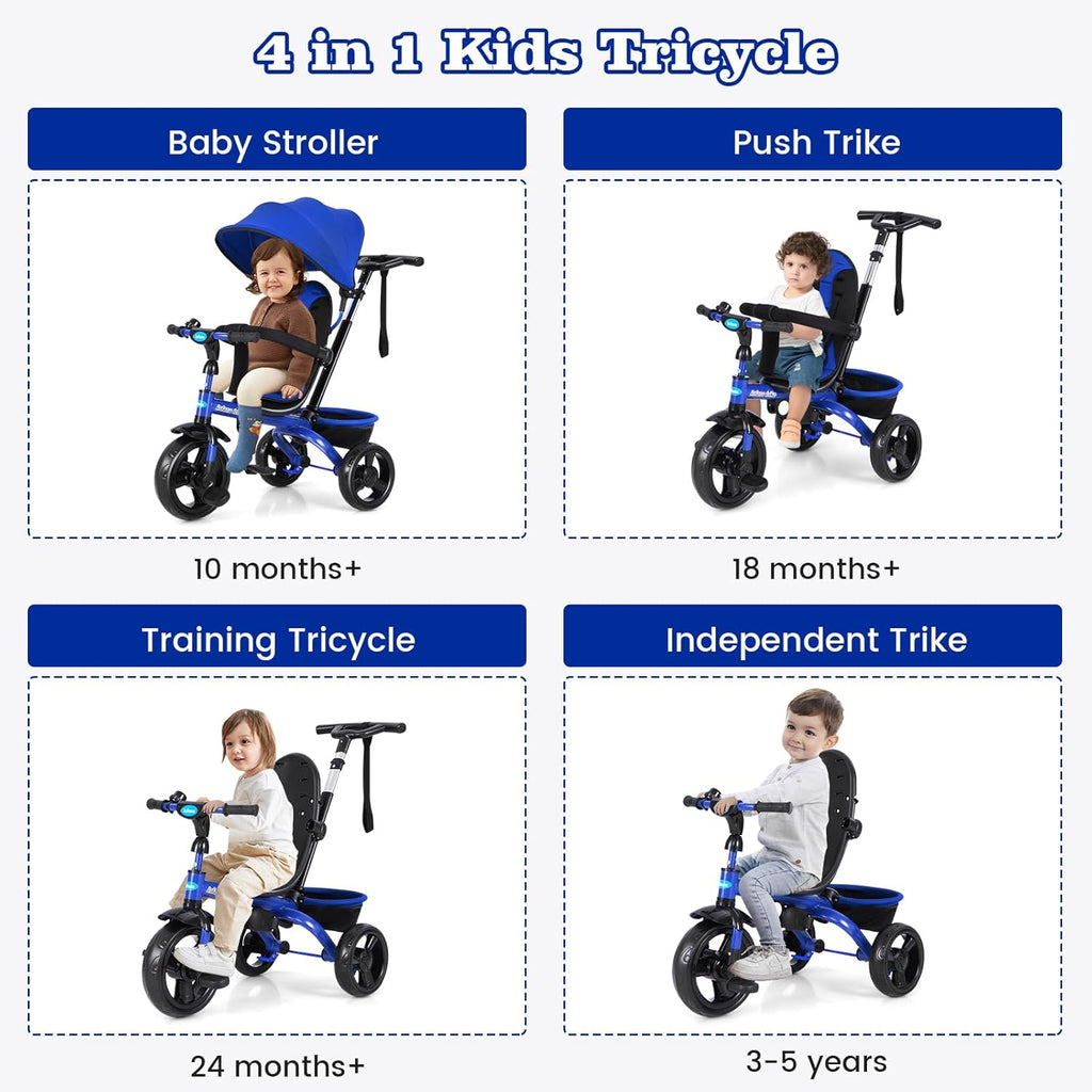 OLAKIDS Kids Tricycle, 6 in 1 Stroll Trike with Adjustable Push Handle Suitable for 10 Months to 5 Years
