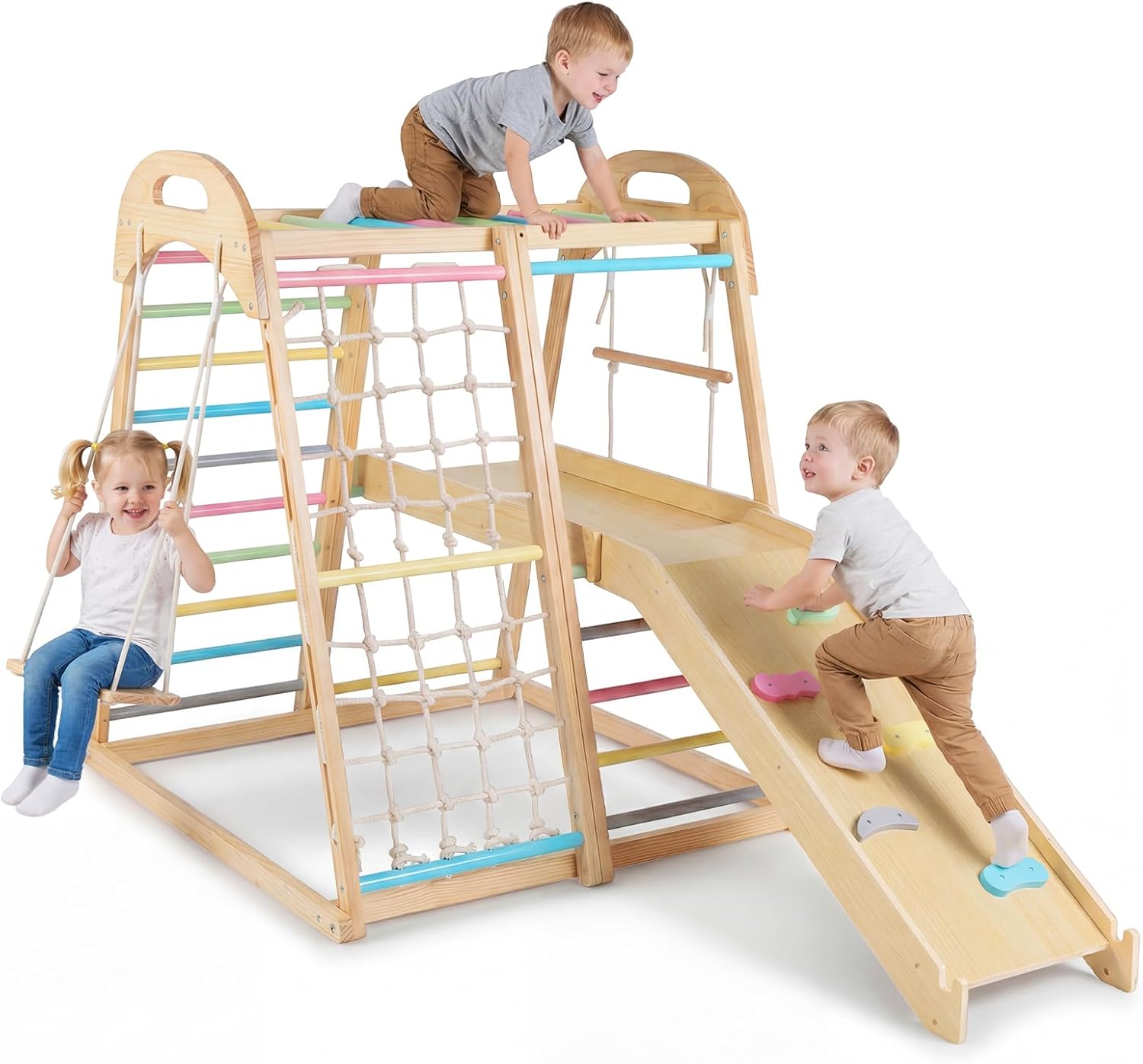 OLAKIDS 8 in 1 Wooden Montessori Indoor Jungle Gym with Swing, Slide, Ramp & Climbing Accessories