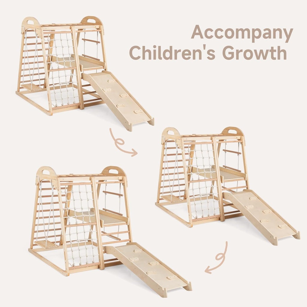 OLAKIDS 8 in 1 Wooden Montessori Indoor Jungle Gym with Swing, Slide, Ramp & Climbing Accessories