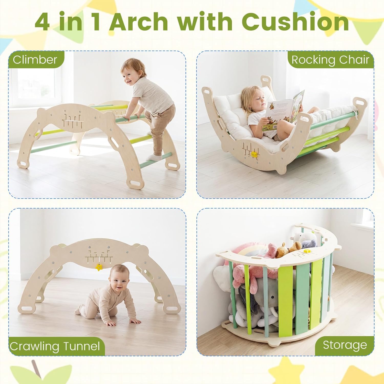 OLAKIDS 13-in-1 Frog Pikler Triangle Set, Foldable Wooden Montessori Climber with Cushion