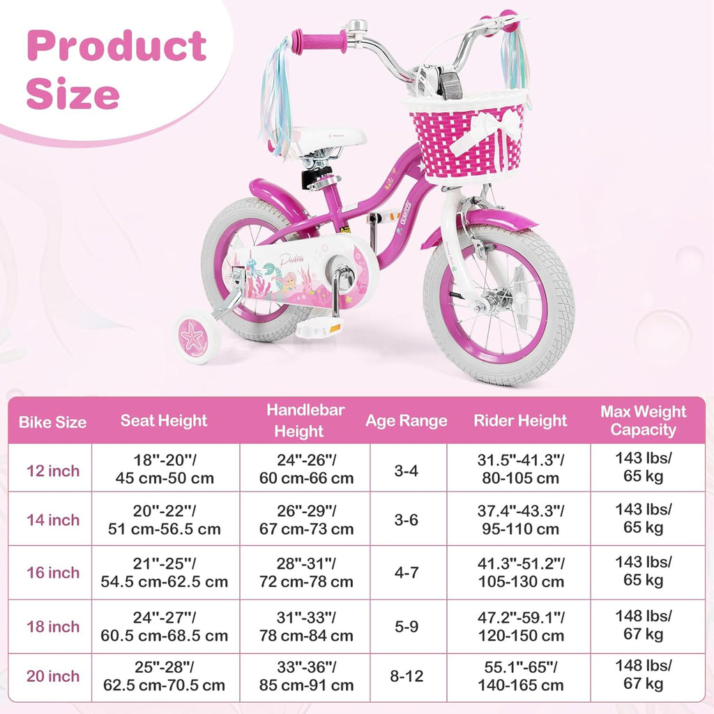 Olakids Kids Bike, 12 14 16 18 20 Inch Mermaid Theme Girls Bicycle with Training Wheels