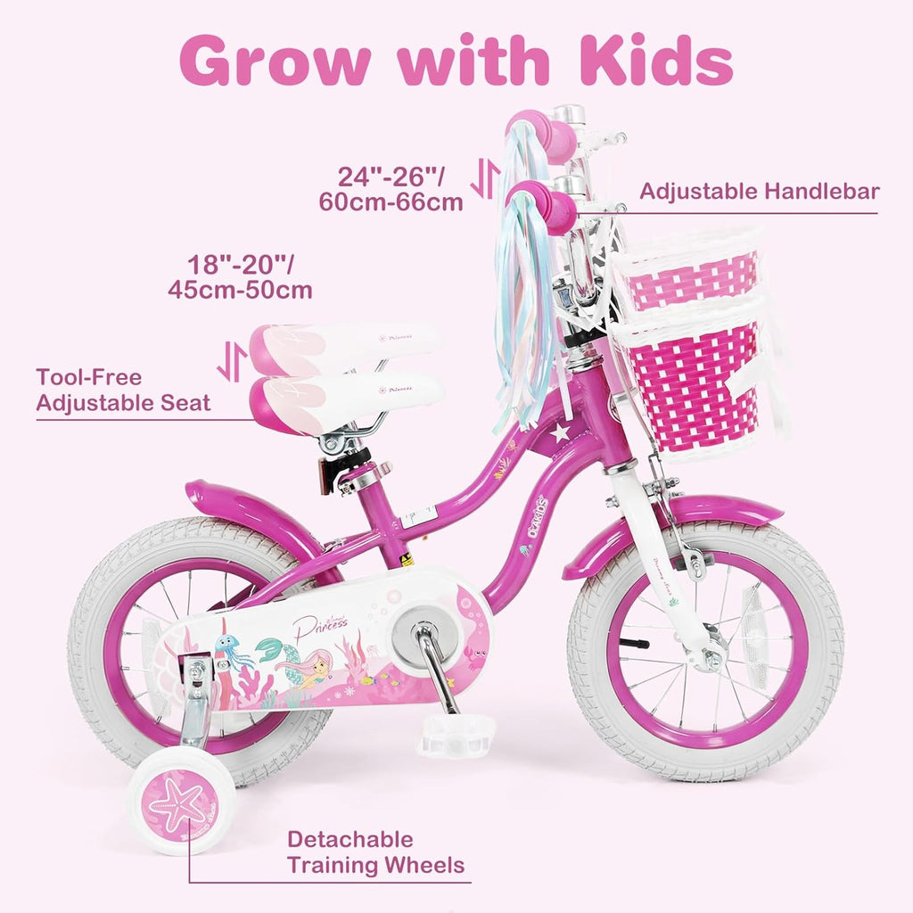 Olakids Kids Bike, 12 14 16 18 20 Inch Mermaid Theme Girls Bicycle with Training Wheels