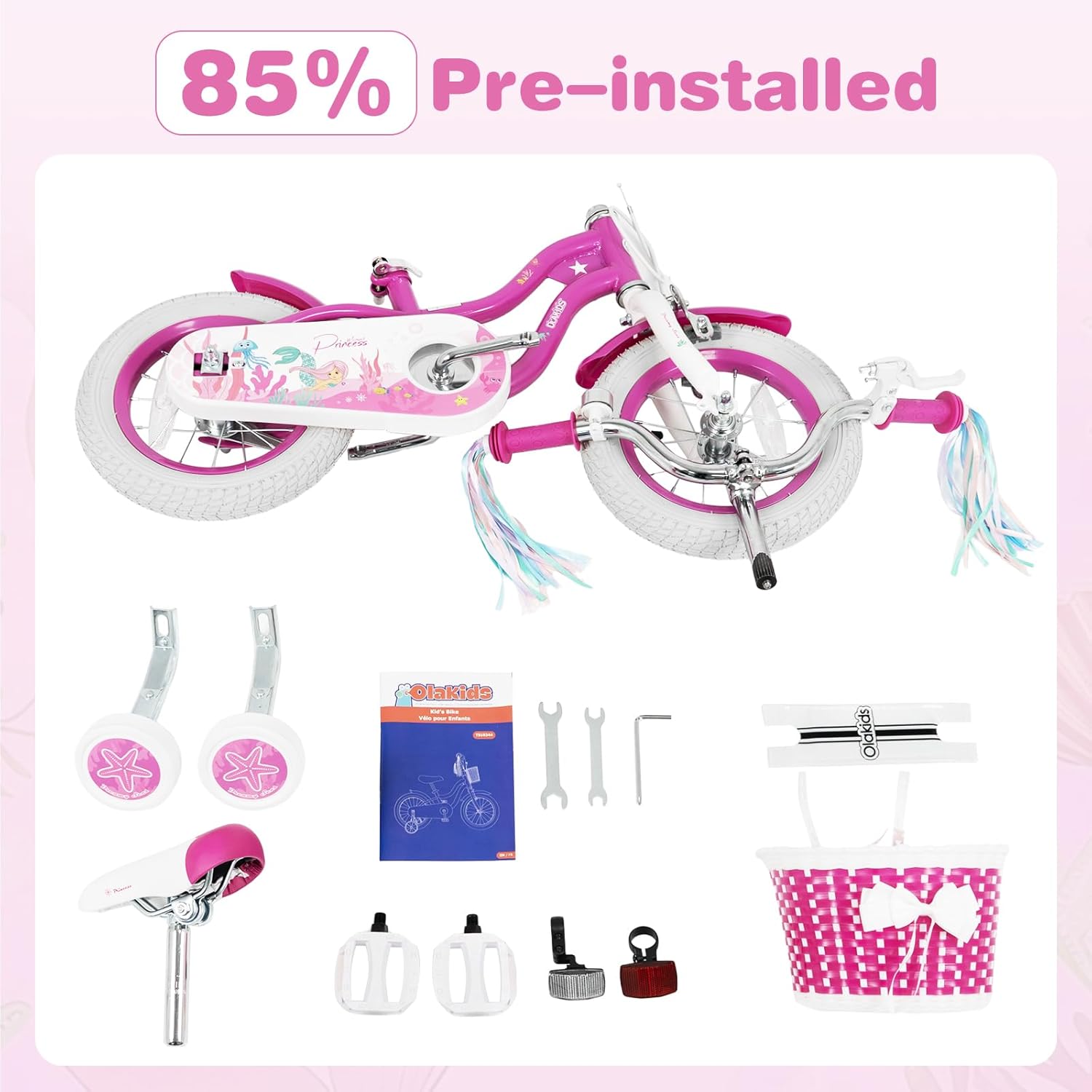Olakids Kids Bike, 12 14 16 18 20 Inch Mermaid Theme Girls Bicycle with Training Wheels