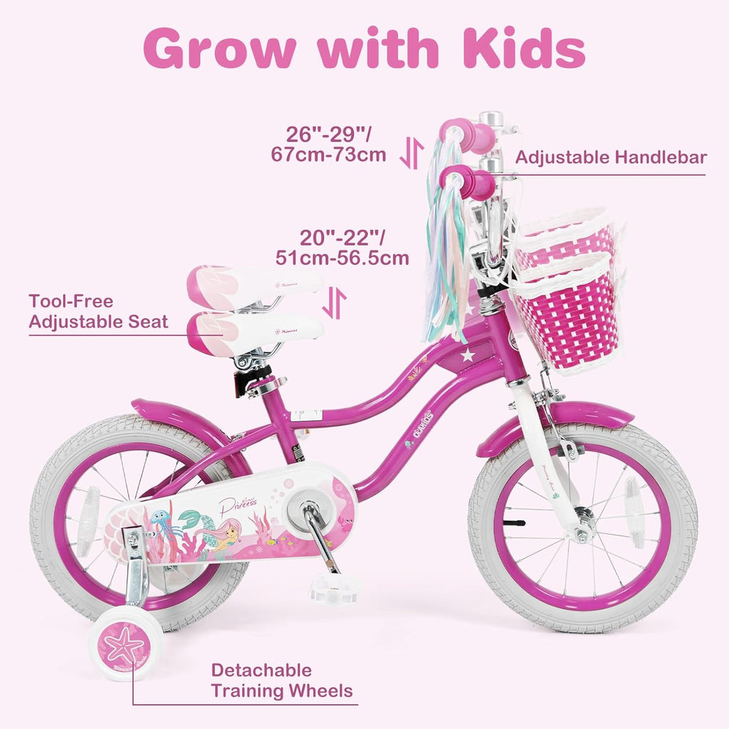 Olakids Kids Bike, 12 14 16 18 20 Inch Mermaid Theme Girls Bicycle with Training Wheels