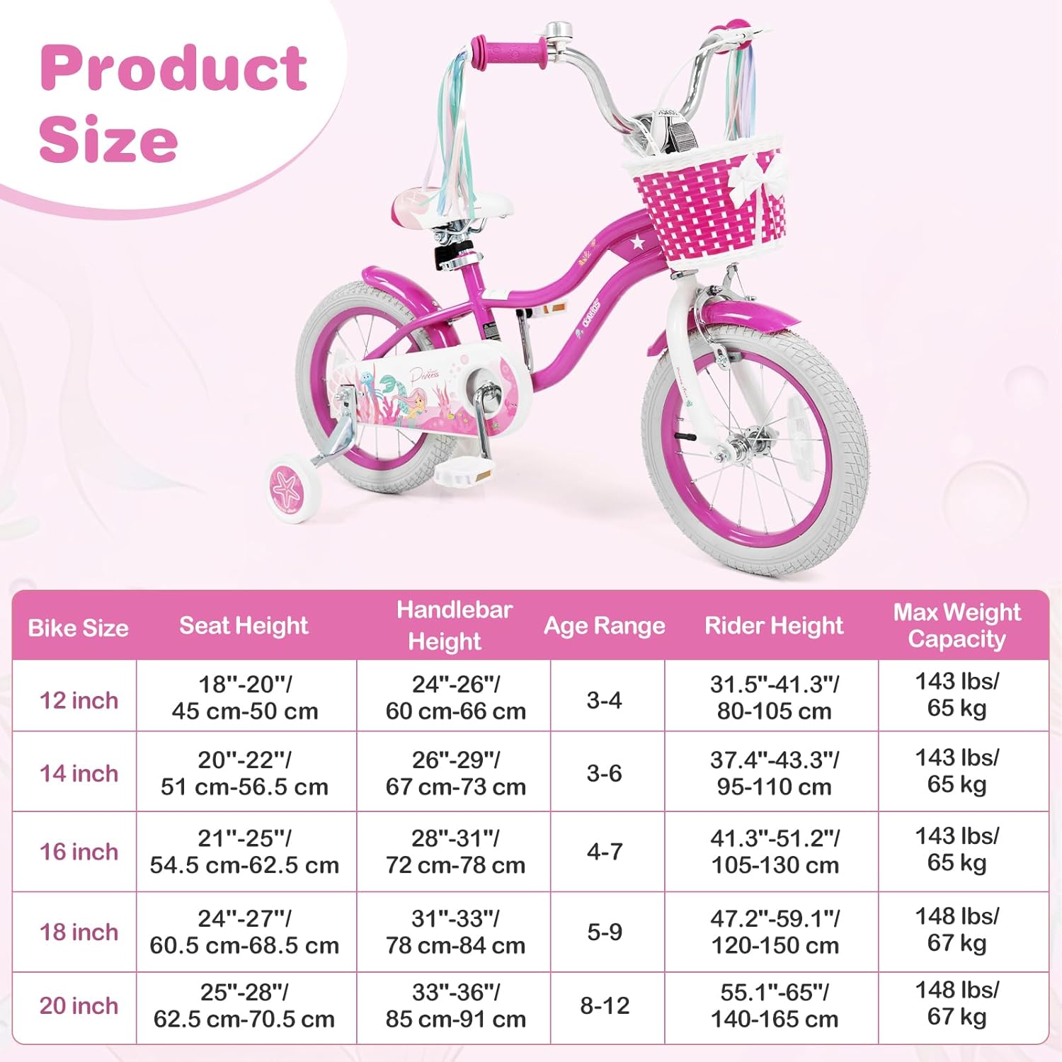 Olakids Kids Bike, 12 14 16 18 20 Inch Mermaid Theme Girls Bicycle with Training Wheels