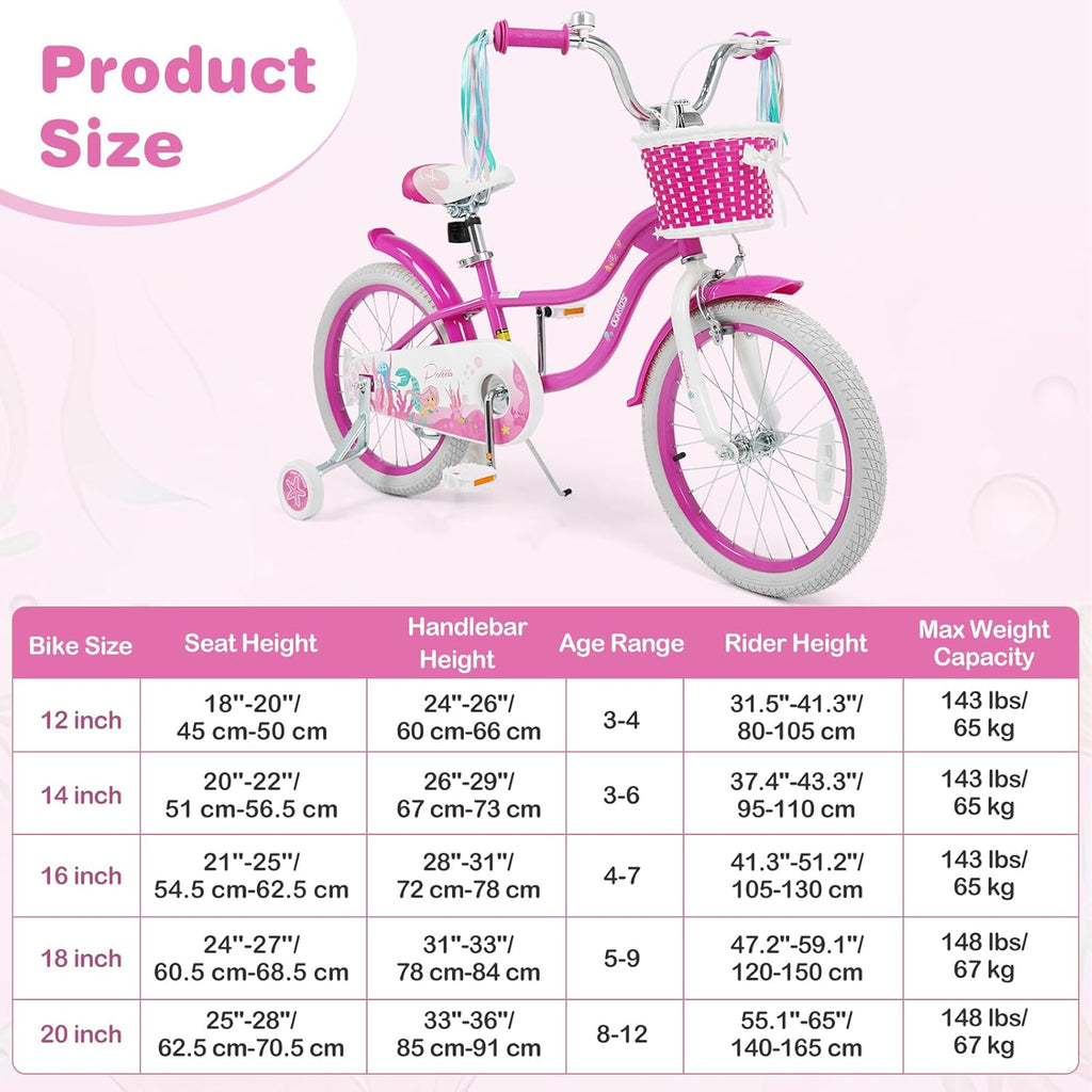 Olakids Kids Bike, 12 14 16 18 20 Inch Mermaid Theme Girls Bicycle with Training Wheels