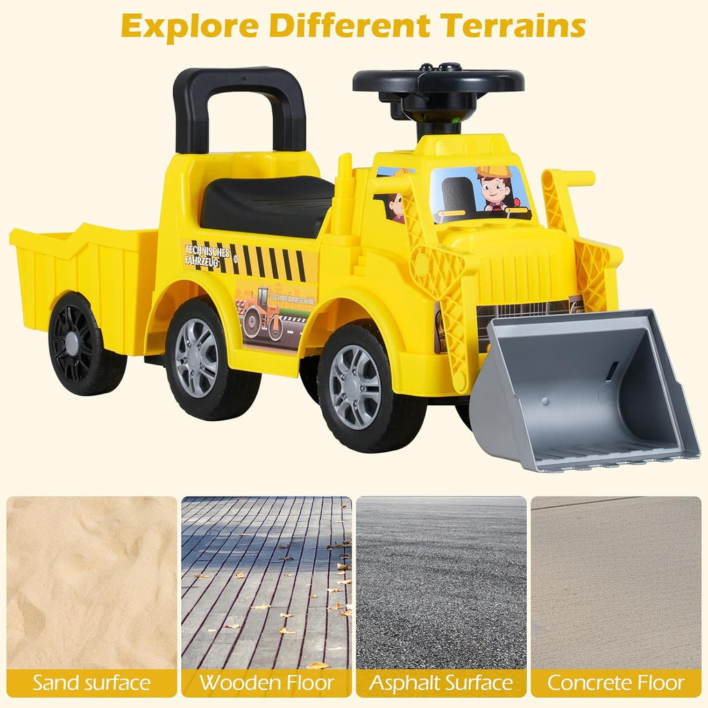 OLAKIDS 3-in-1 Toddler Ride On Bulldozer with Adjustable Bucket Detachable Trailer and Seat Storage