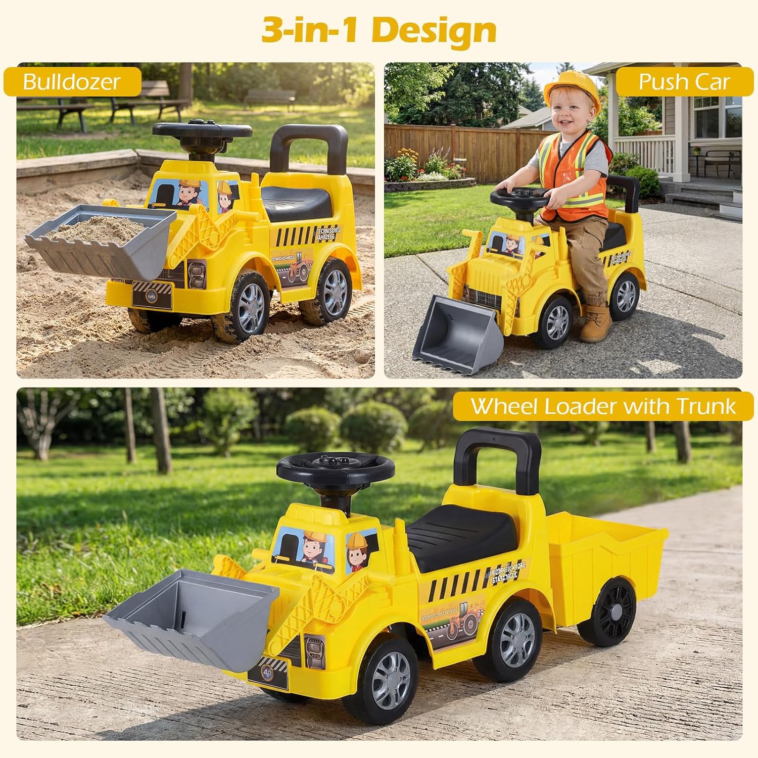 OLAKIDS 3-in-1 Toddler Ride On Bulldozer with Adjustable Bucket Detachable Trailer and Seat Storage