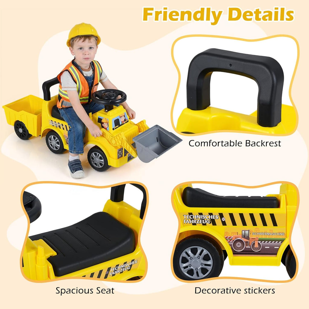 OLAKIDS 3-in-1 Toddler Ride On Bulldozer with Adjustable Bucket Detachable Trailer and Seat Storage