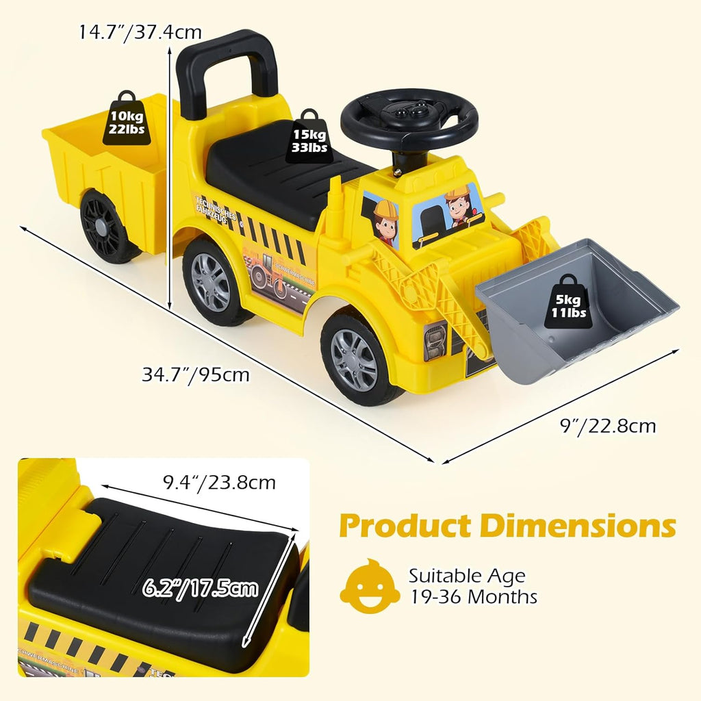 OLAKIDS 3-in-1 Toddler Ride On Bulldozer with Adjustable Bucket Detachable Trailer and Seat Storage