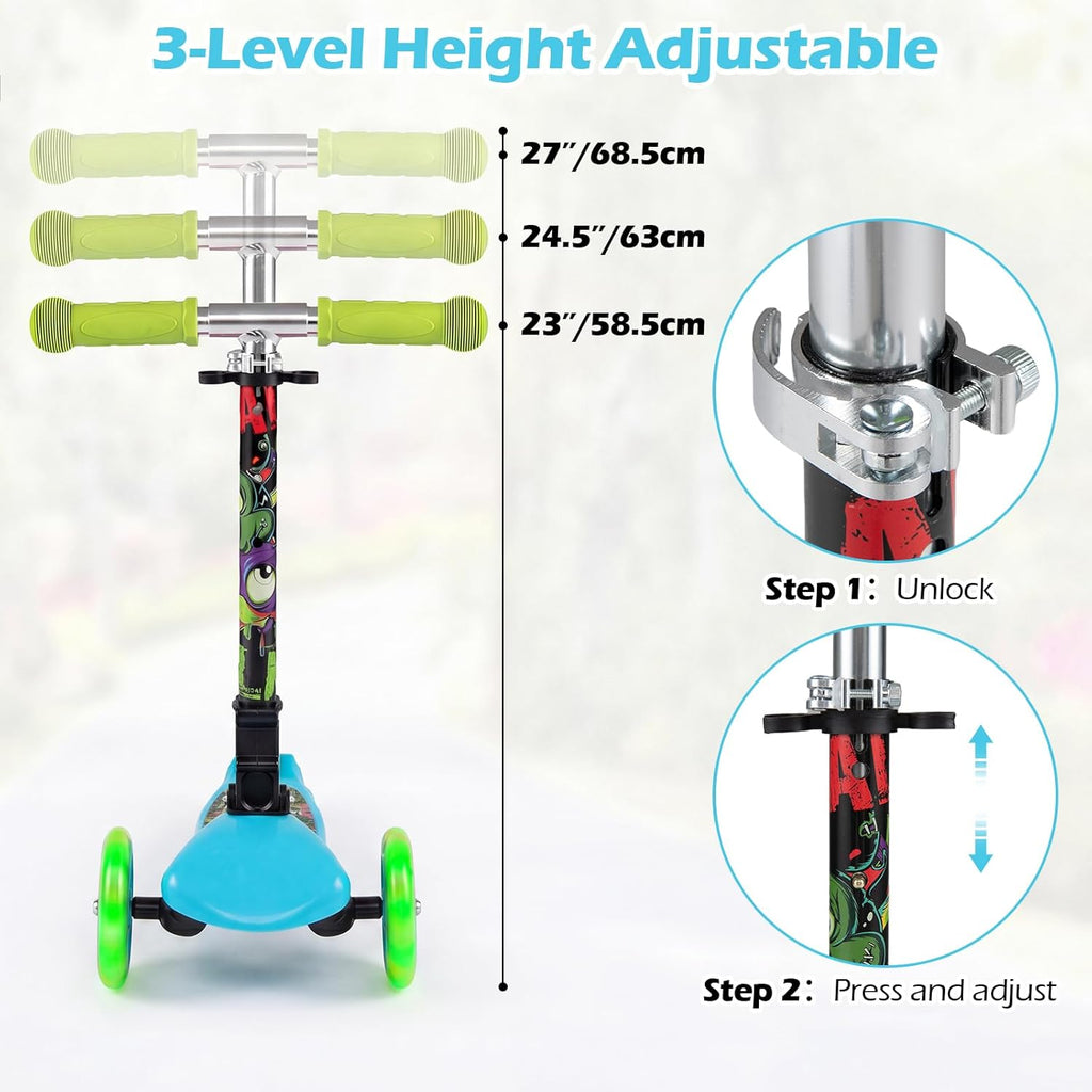OLAKIDS 3-Wheel Kids Scooter, LED Wheels, Adjustable Handlebar, Lean-to-Steer, Rear Brake, Anti-Slip Deck, Ages 2-5