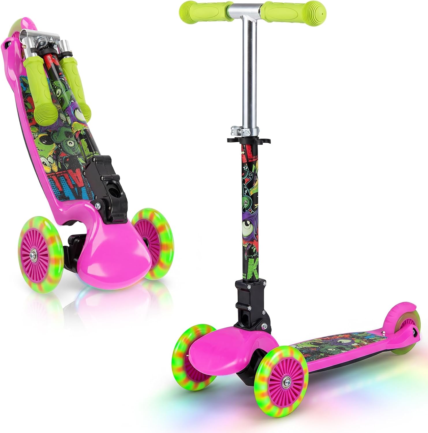 OLAKIDS 3-Wheel Kids Scooter, LED Wheels, Adjustable Handlebar, Lean-to-Steer, Rear Brake, Anti-Slip Deck, Ages 2-5