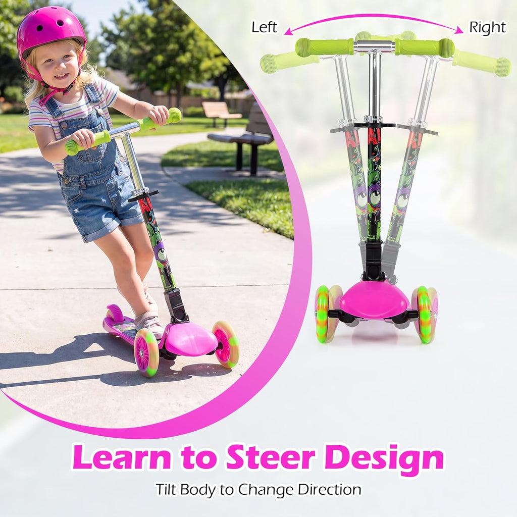 OLAKIDS 3-Wheel Kids Scooter, LED Wheels, Adjustable Handlebar, Lean-to-Steer, Rear Brake, Anti-Slip Deck, Ages 2-5
