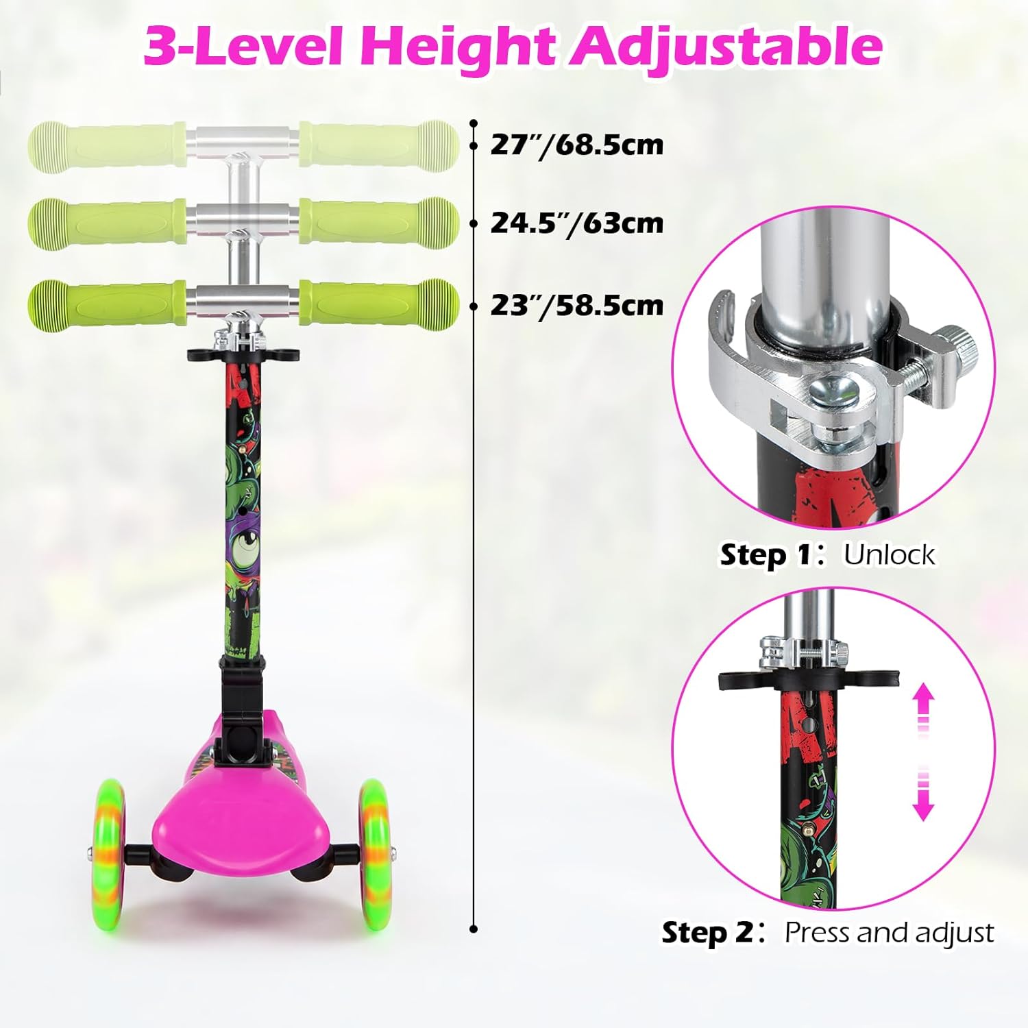 OLAKIDS 3-Wheel Kids Scooter, LED Wheels, Adjustable Handlebar, Lean-to-Steer, Rear Brake, Anti-Slip Deck, Ages 2-5