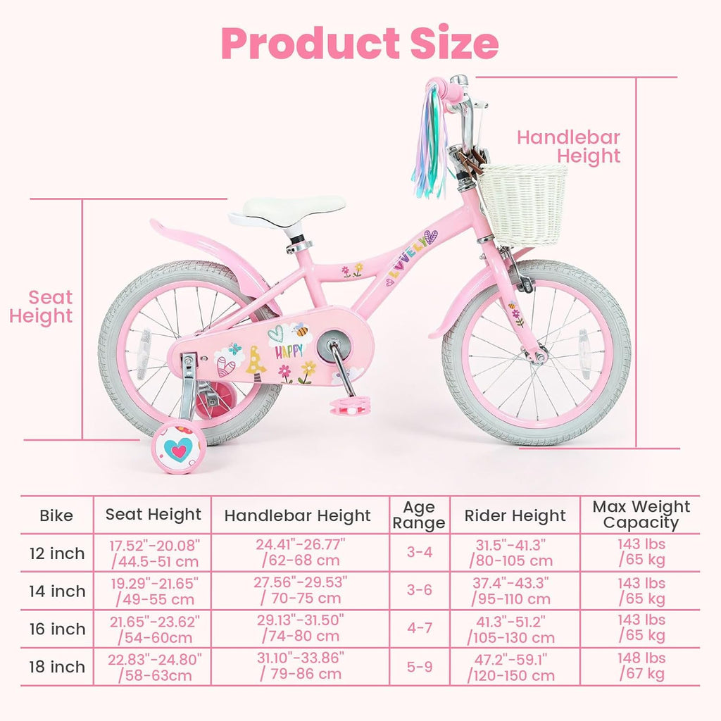 Olakids Kids Bike, 12 14 16 18 Inch Sweet Heart Theme Girls Bicycle with Training Wheels