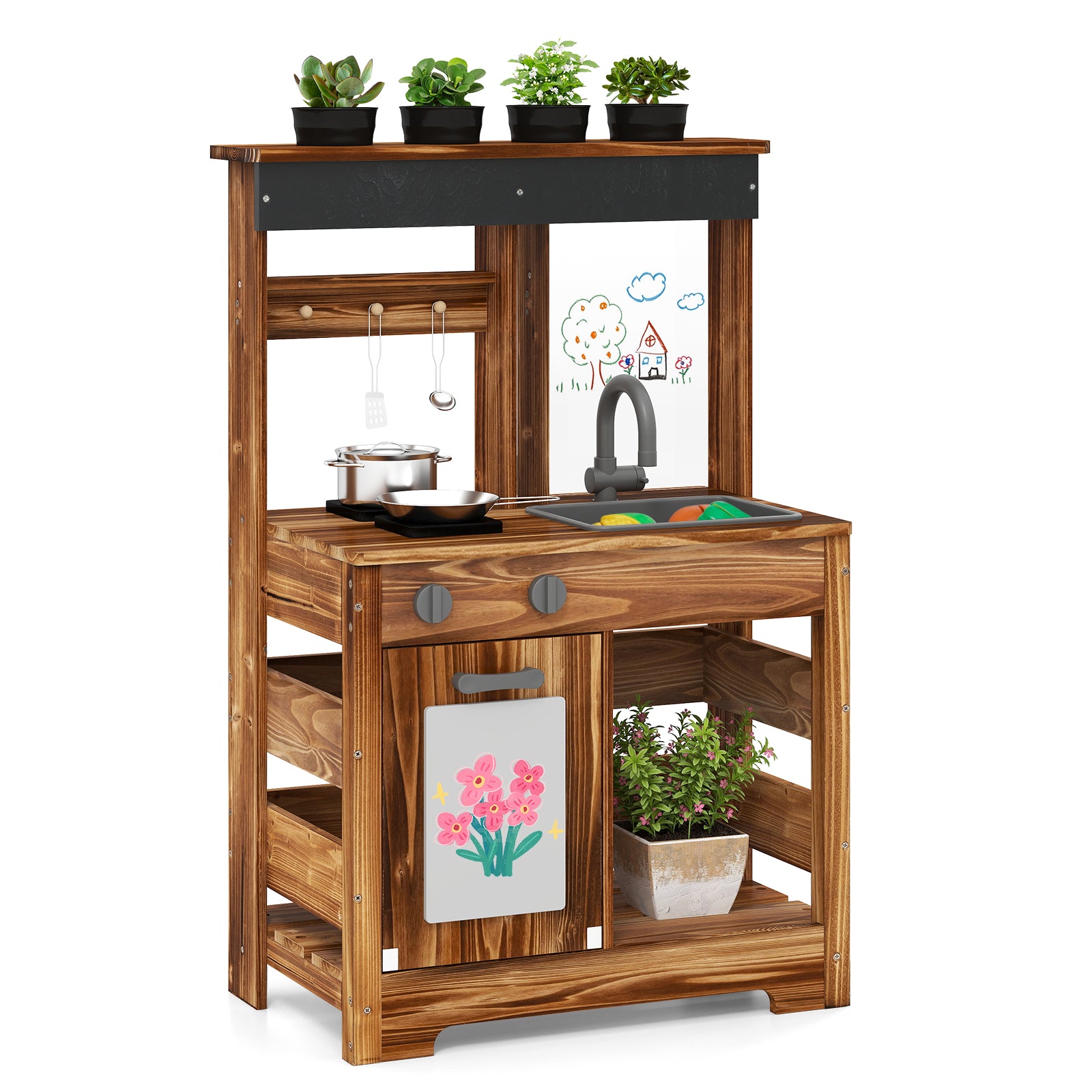 OLAKIDS Mud Kitchen, Outdoor Play Kitchen with Drawing Board, 4 Cups, Removable Sink, Storage, Cooking Accessories for Boys Girls Ages 3+