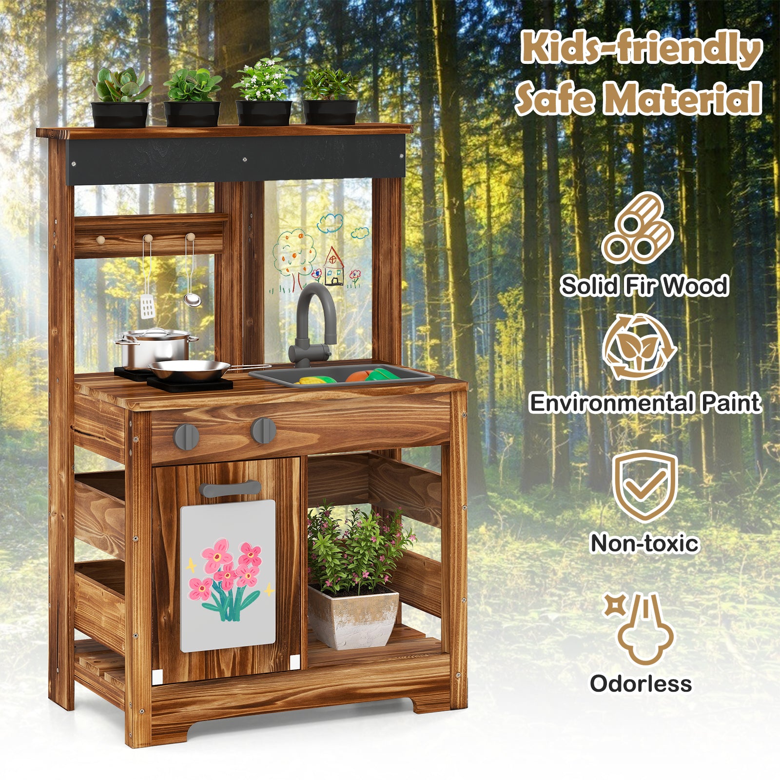 OLAKIDS Mud Kitchen, Outdoor Play Kitchen with Drawing Board, 4 Cups, Removable Sink, Storage, Cooking Accessories for Boys Girls Ages 3+