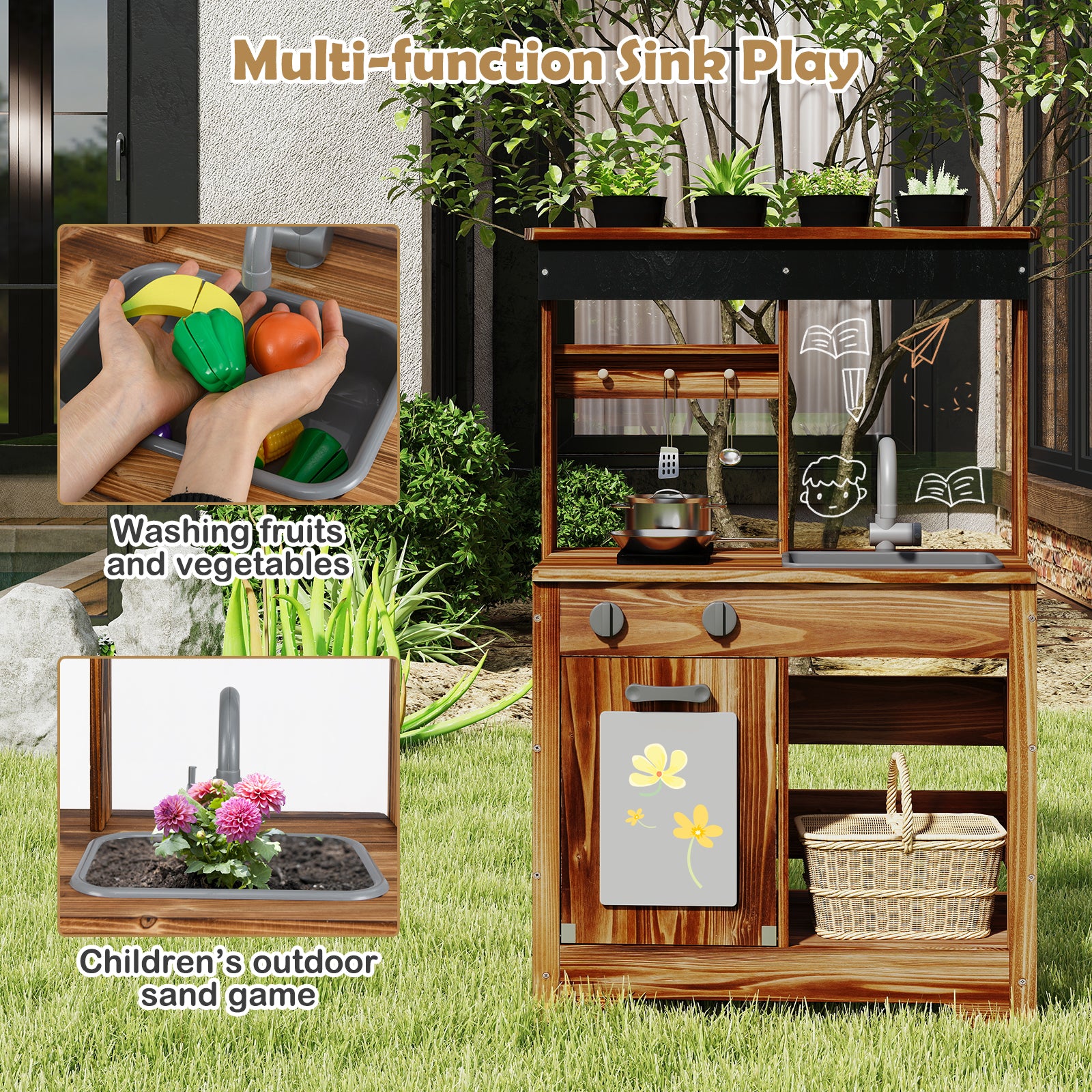 OLAKIDS Mud Kitchen, Outdoor Play Kitchen with Drawing Board, 4 Cups, Removable Sink, Storage, Cooking Accessories for Boys Girls Ages 3+