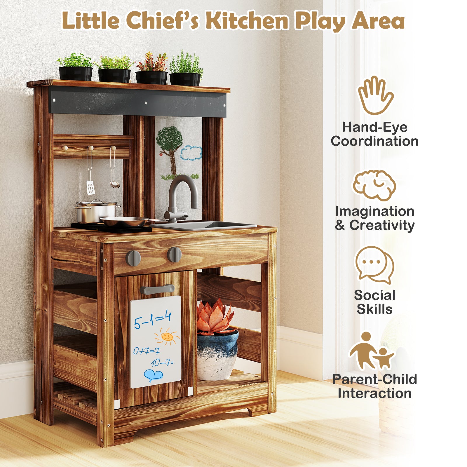OLAKIDS Mud Kitchen, Outdoor Play Kitchen with Drawing Board, 4 Cups, Removable Sink, Storage, Cooking Accessories for Boys Girls Ages 3+