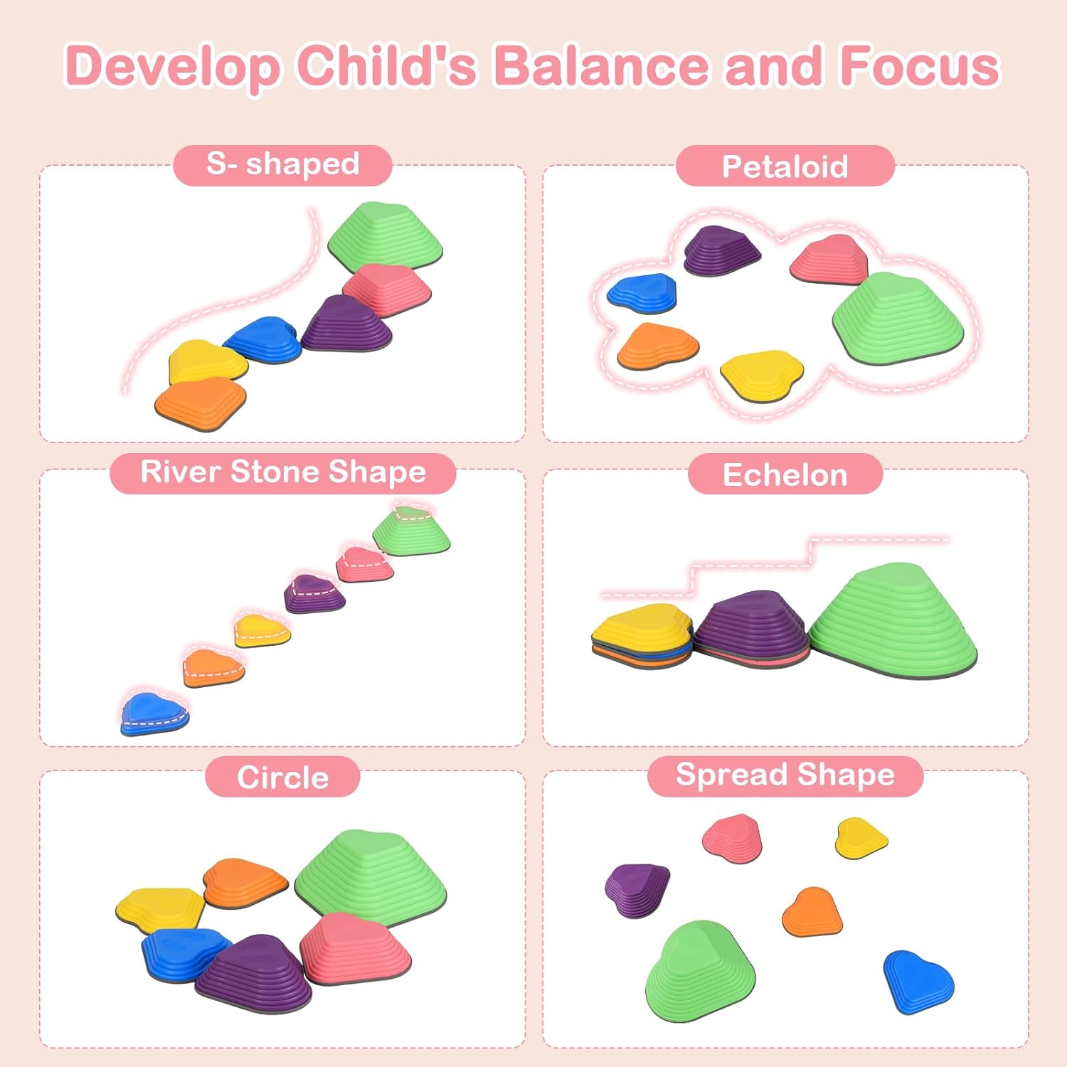 OLAKIDS Balance Stepping Stones for Kids 6pcs Non-Slip Plastic Balance Stones for Age 3-8 Years