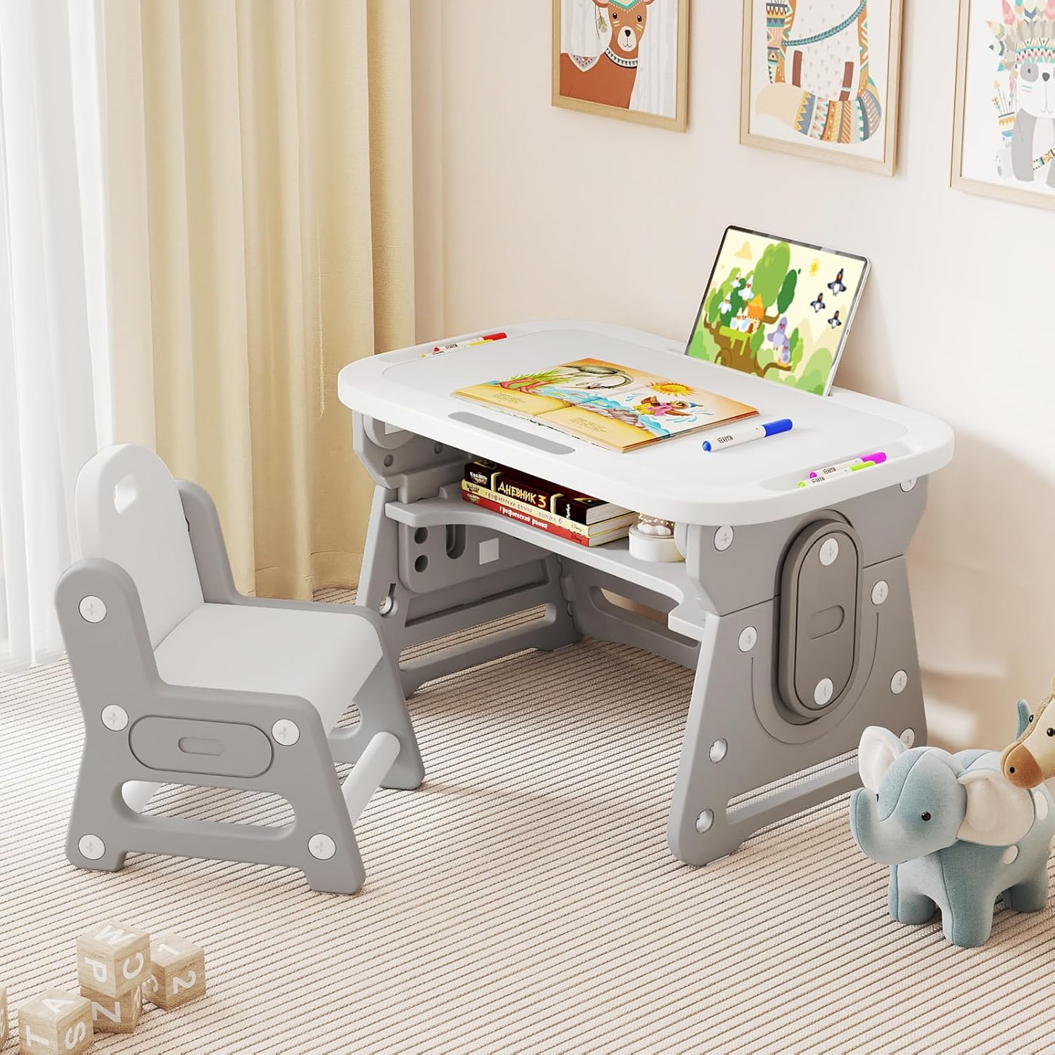 OLAKIDS Kids Adjustable Table & Chair Set with Drawing Board for 3+ Indoor Art/Study Furniture