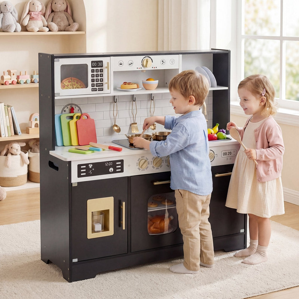 OLAKIDS Play Kitchen with Real Lights Sounds, Dishwasher, Coffee Machine, Wooden Pretend Cooking Toys with 17 Accessories for Boys Girls Ages 3+