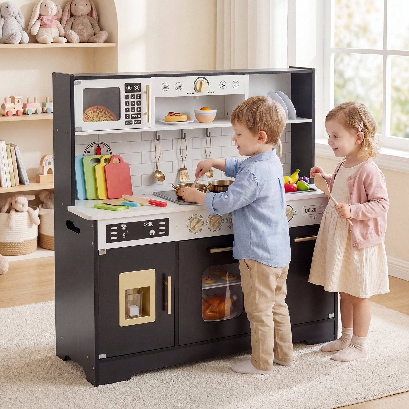 OLAKIDS Play Kitchen with Real Lights Sounds, Dishwasher, Coffee Machine, Wooden Pretend Cooking Toys with 17 Accessories for Boys Girls Ages 3+