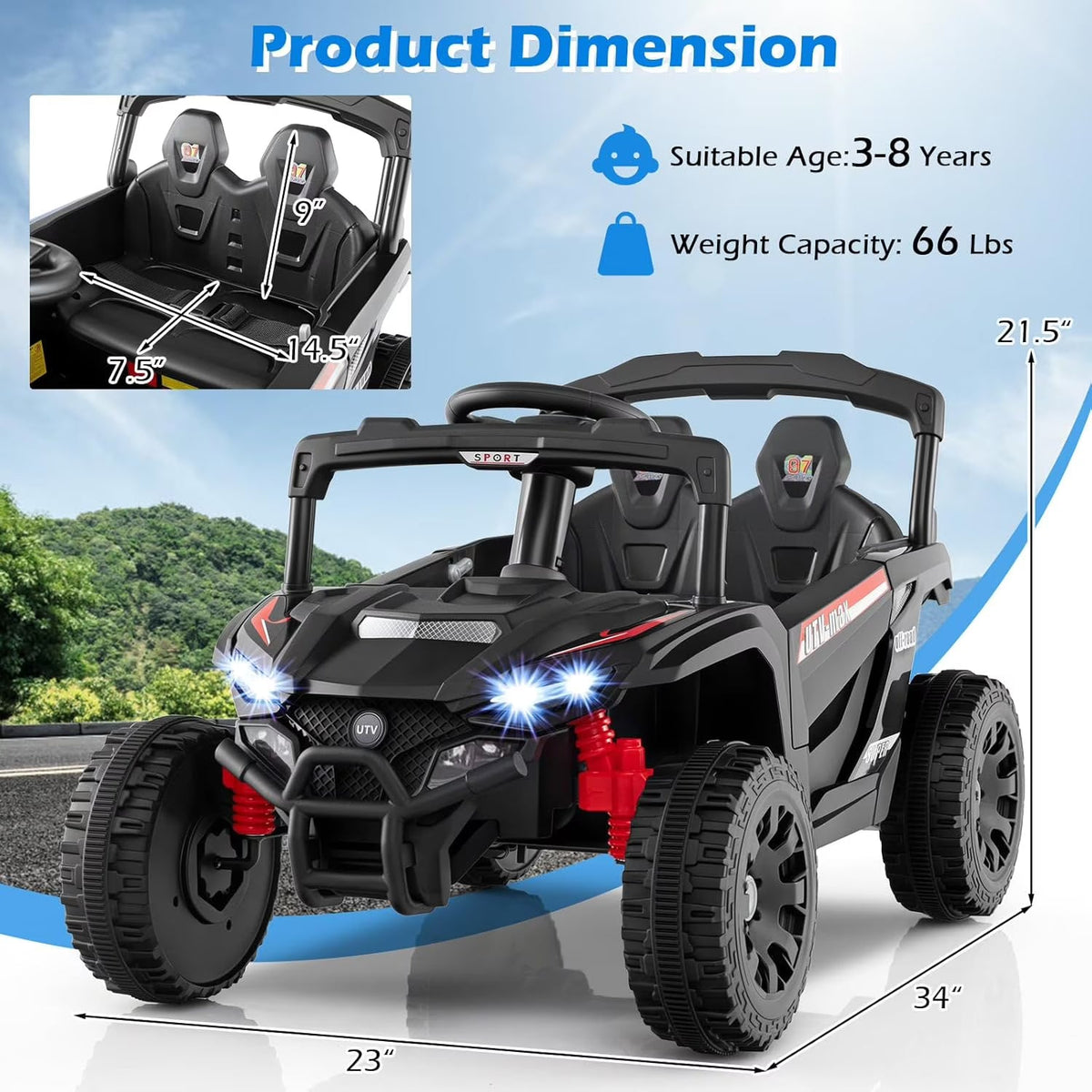 OLAKIDS 12V Ride on Car UTV, Electric Off-Road Truck for Toddlers Aged 3+ Years
