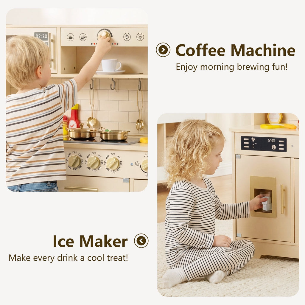 OLAKIDS Play Kitchen with Real Lights Sounds, Dishwasher, Coffee Machine, Wooden Pretend Cooking Toys with 17 Accessories for Boys Girls Ages 3+