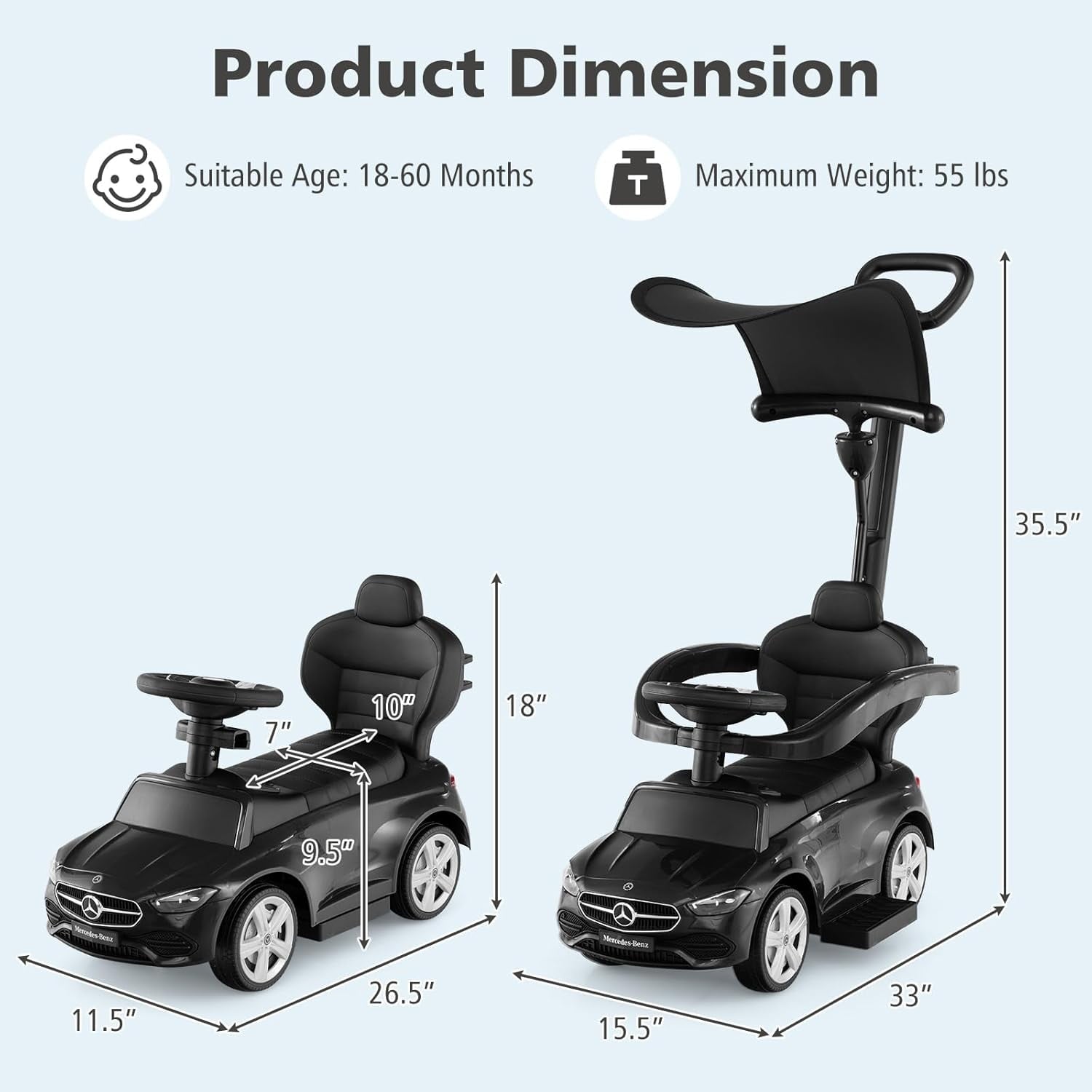 OLAKIDS Licensed Mercedes Benz Push Car for Toddlers, 3 in 1 Baby Stroller