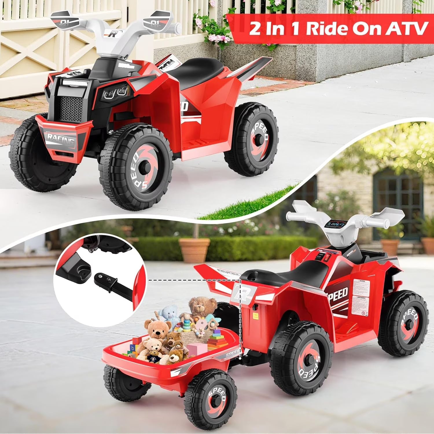 OLAKIDS 6V Kids ATV Ride On Toy with Removable Trailer and Wear Resistant Wheels