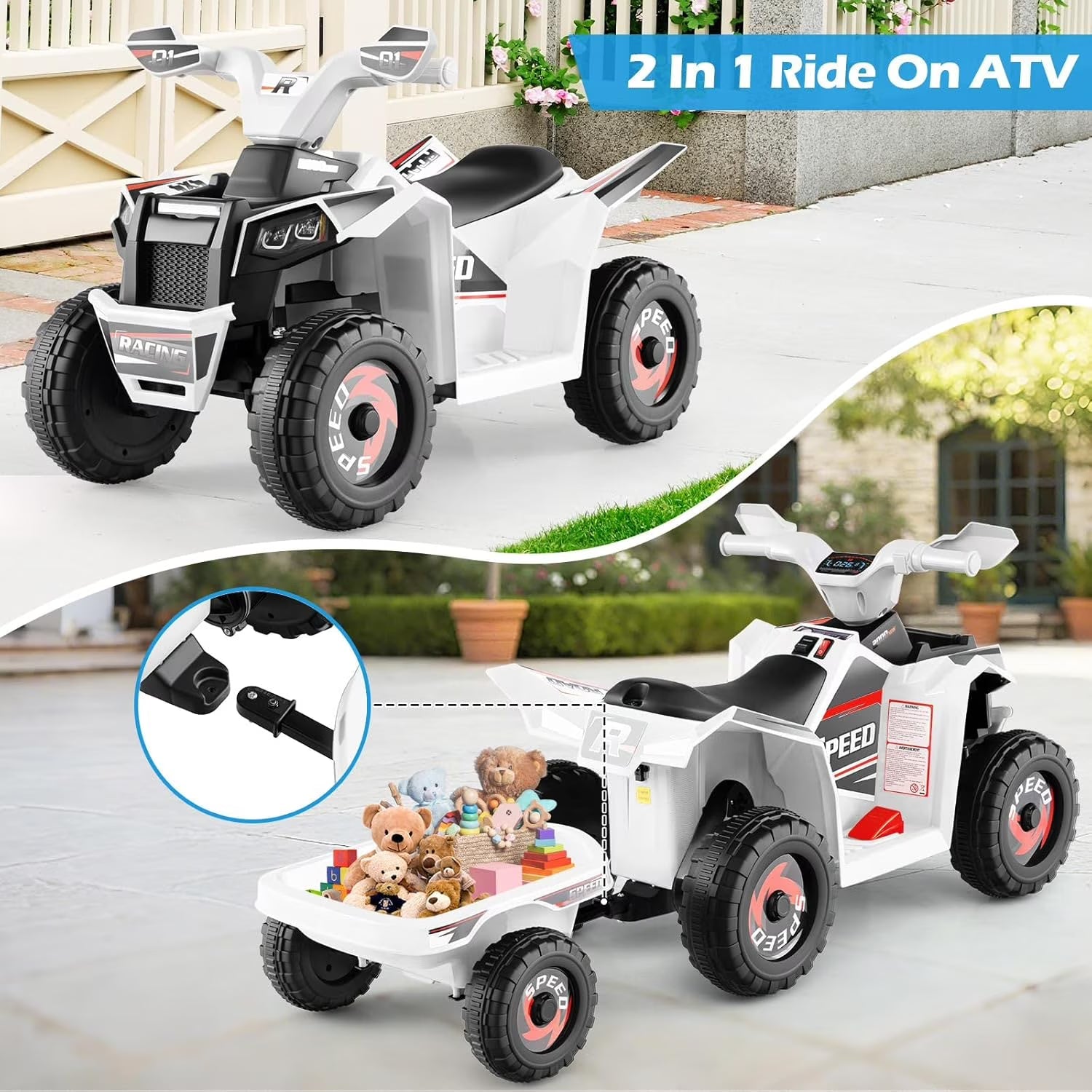 OLAKIDS 6V Kids ATV Ride On Toy with Removable Trailer and Wear Resistant Wheels