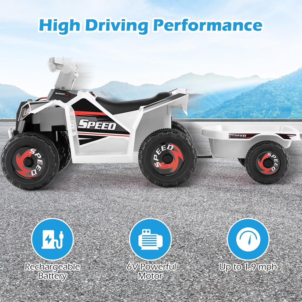 OLAKIDS 6V Kids ATV Ride On Toy with Removable Trailer and Wear Resistant Wheels