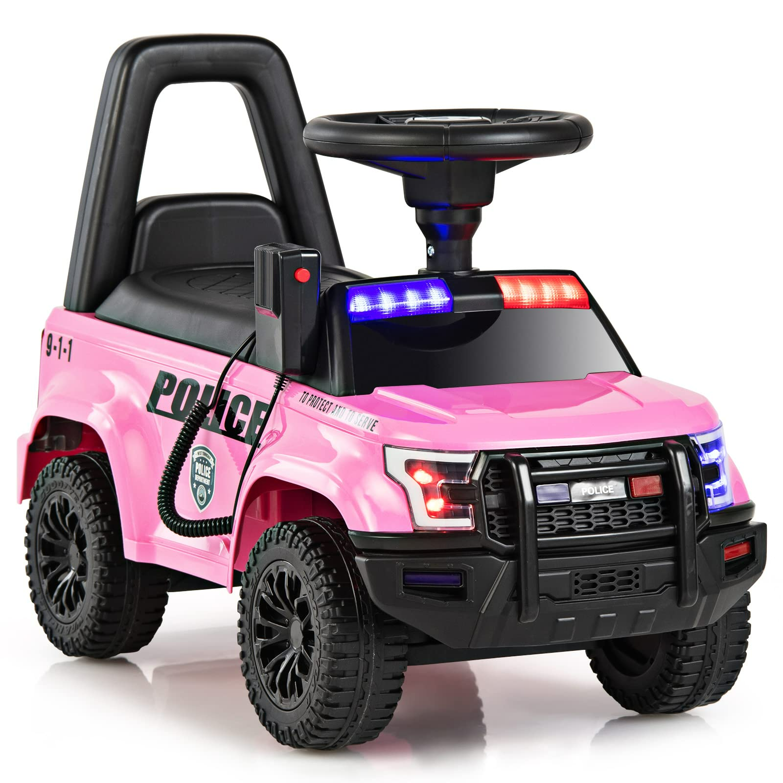 OLAKIDS Ride On Push Police Car, Toddler Foot-to-Floor Sliding Toy with Siren, Steering Wheel, Megaphone, Horn, Headlights, Under Seat Storage OLAKIDS