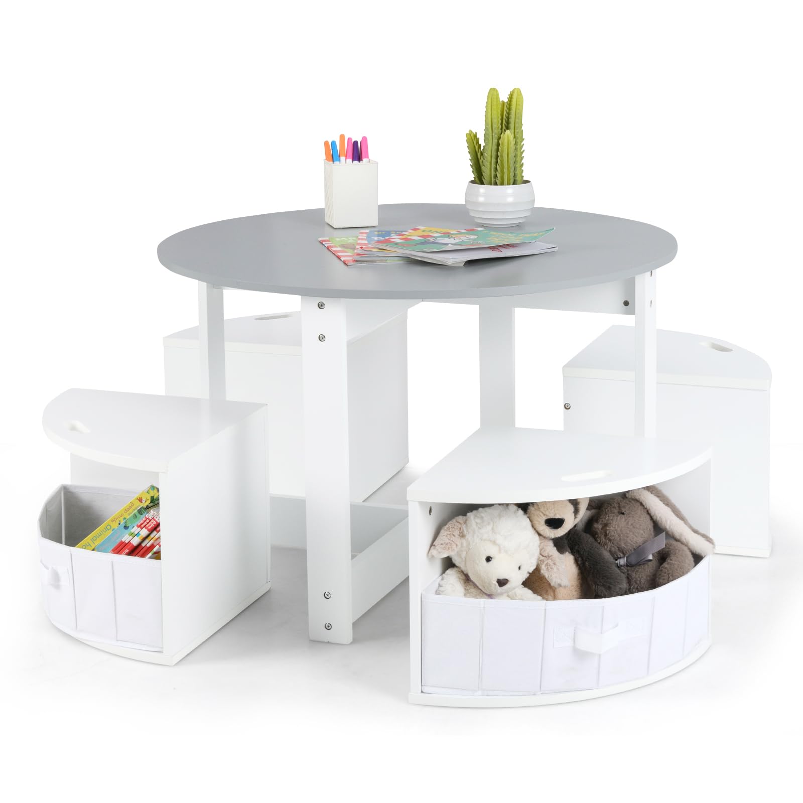 OLAKIDS Toddler Table and Chair Set, Wooden Table and 4 Chairs with Nesting Design, Children Multi-Activity Table