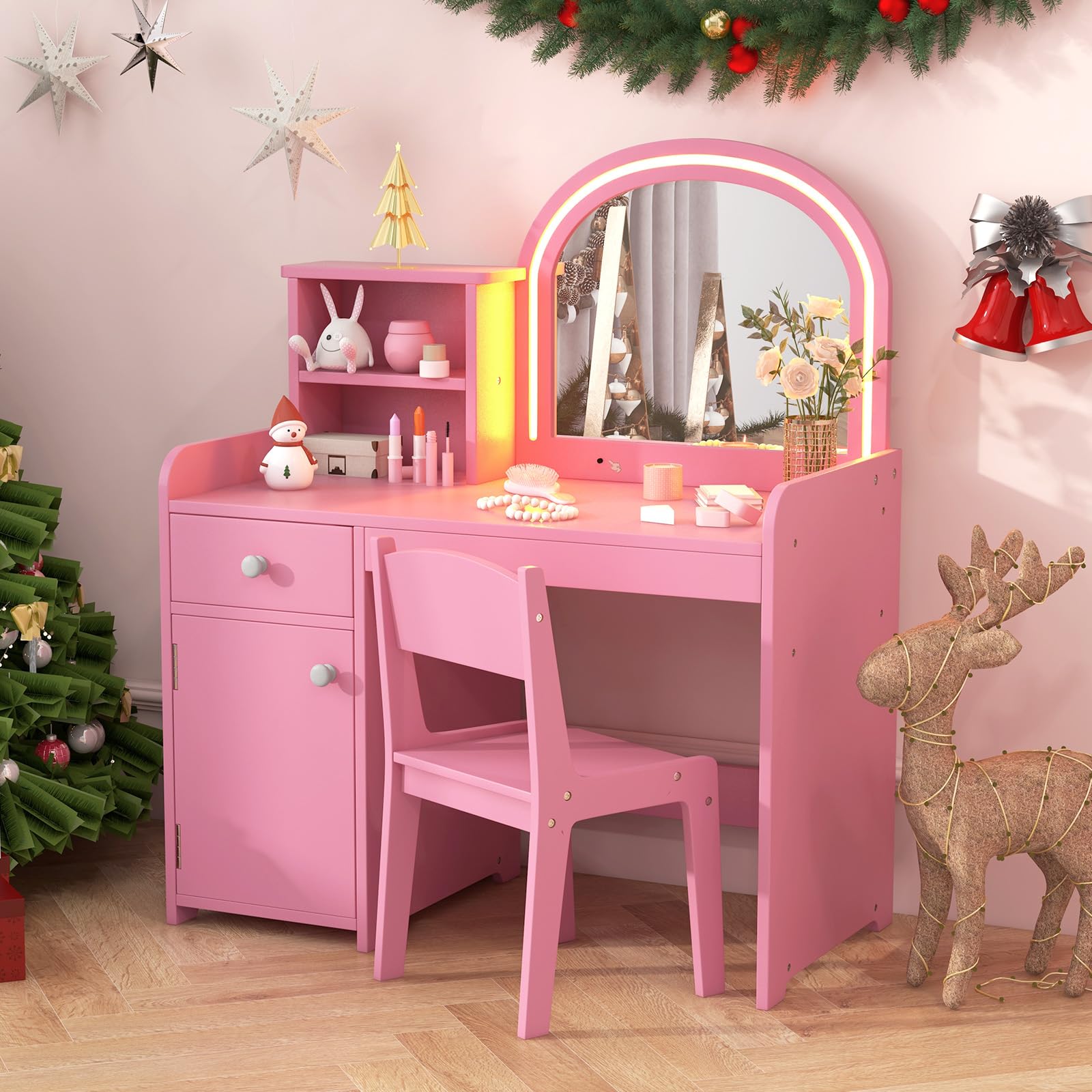 OLAKIDS Kids Vanity, Princess Makeup Desk and Chair Set with Lights Mirror, Pretend Play Vanity Set for Toddler Girls