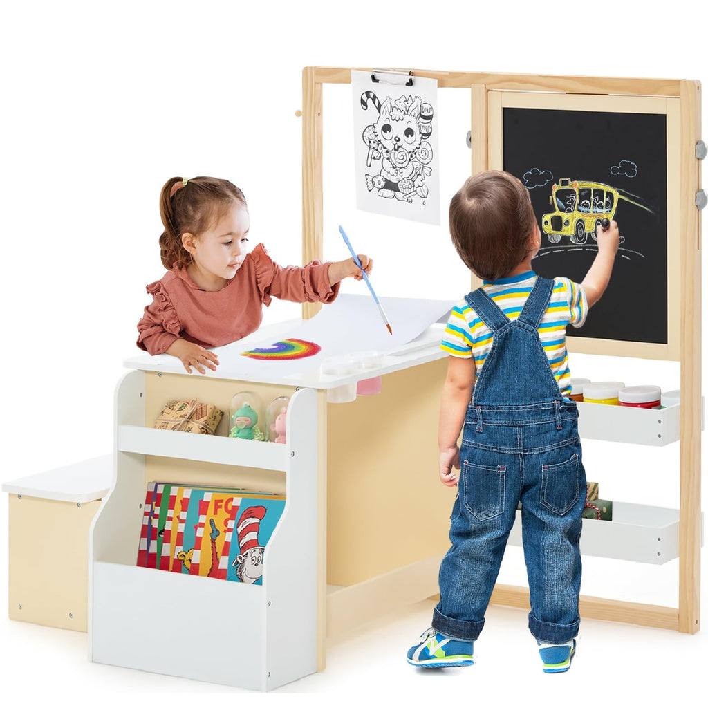 OLAKIDS 3 in 1 Kids Art Table and Chair Set, Toddler Wood Activity Desk with Double-Sided Easel, Children Furniture