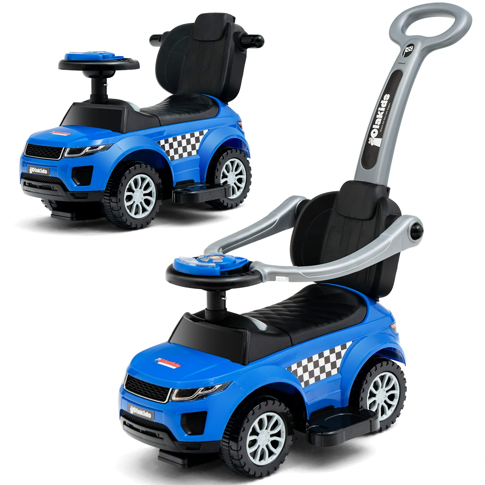 OLAKIDS 4 in 1 Ride on Push Car, Toddlers Stroller Sliding Walking Toy with Horn, Music, Lights, Removable Guardrails and Handle OLAKIDS