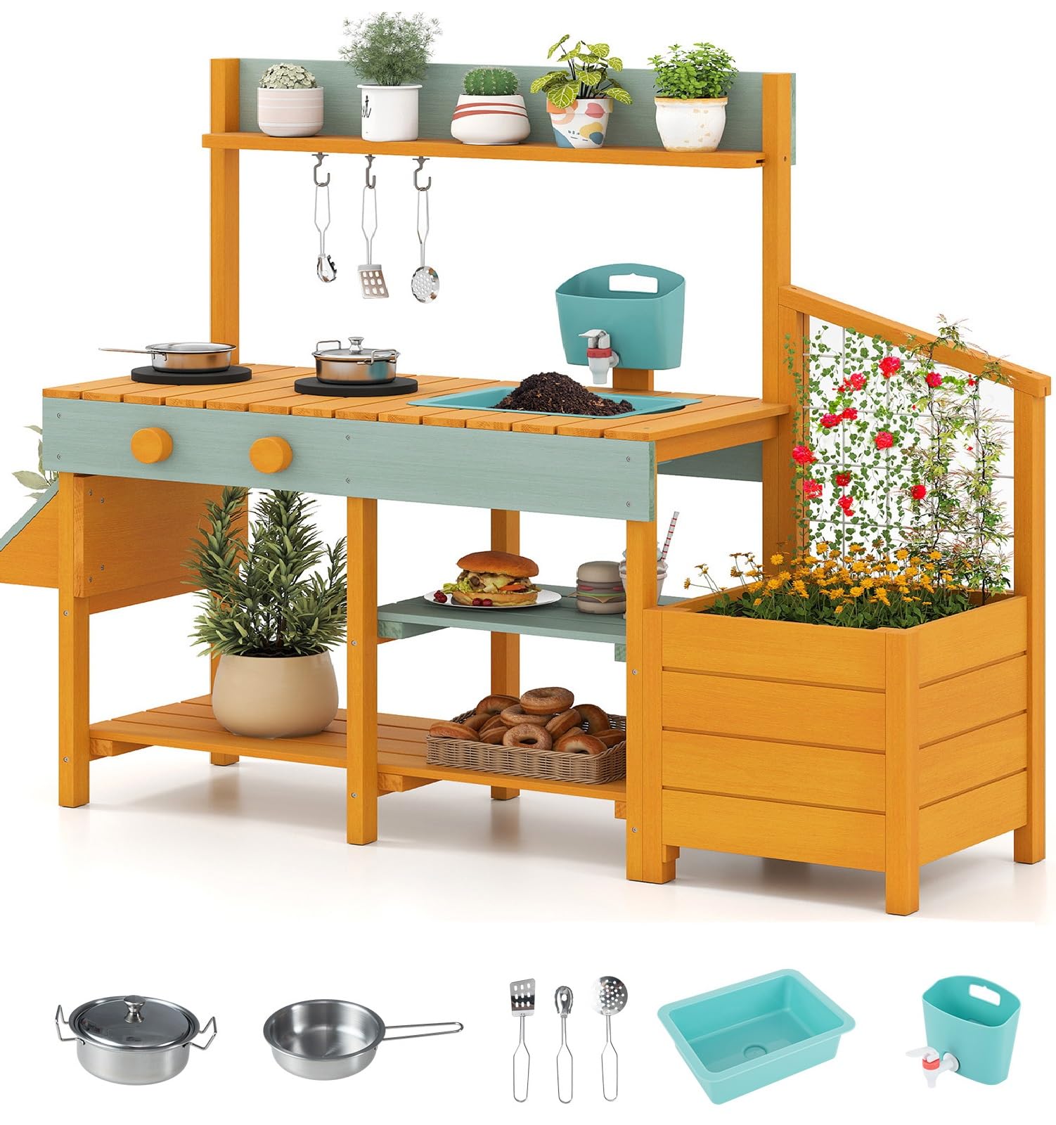 OLAKIDS Wooden Mud Kitchen Outdoor Play Kitchen with Faucet Sink Chalkboard for Kids 3+