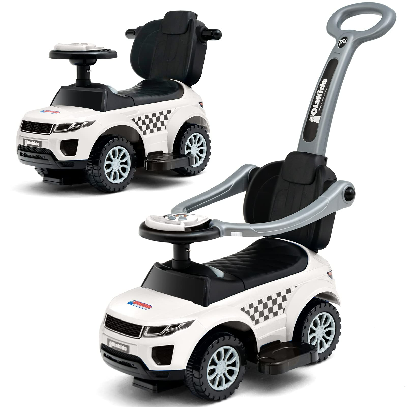 OLAKIDS 4 in 1 Ride on Push Car, Toddlers Stroller Sliding Walking Toy with Horn, Music, Lights, Removable Guardrails and Handle OLAKIDS