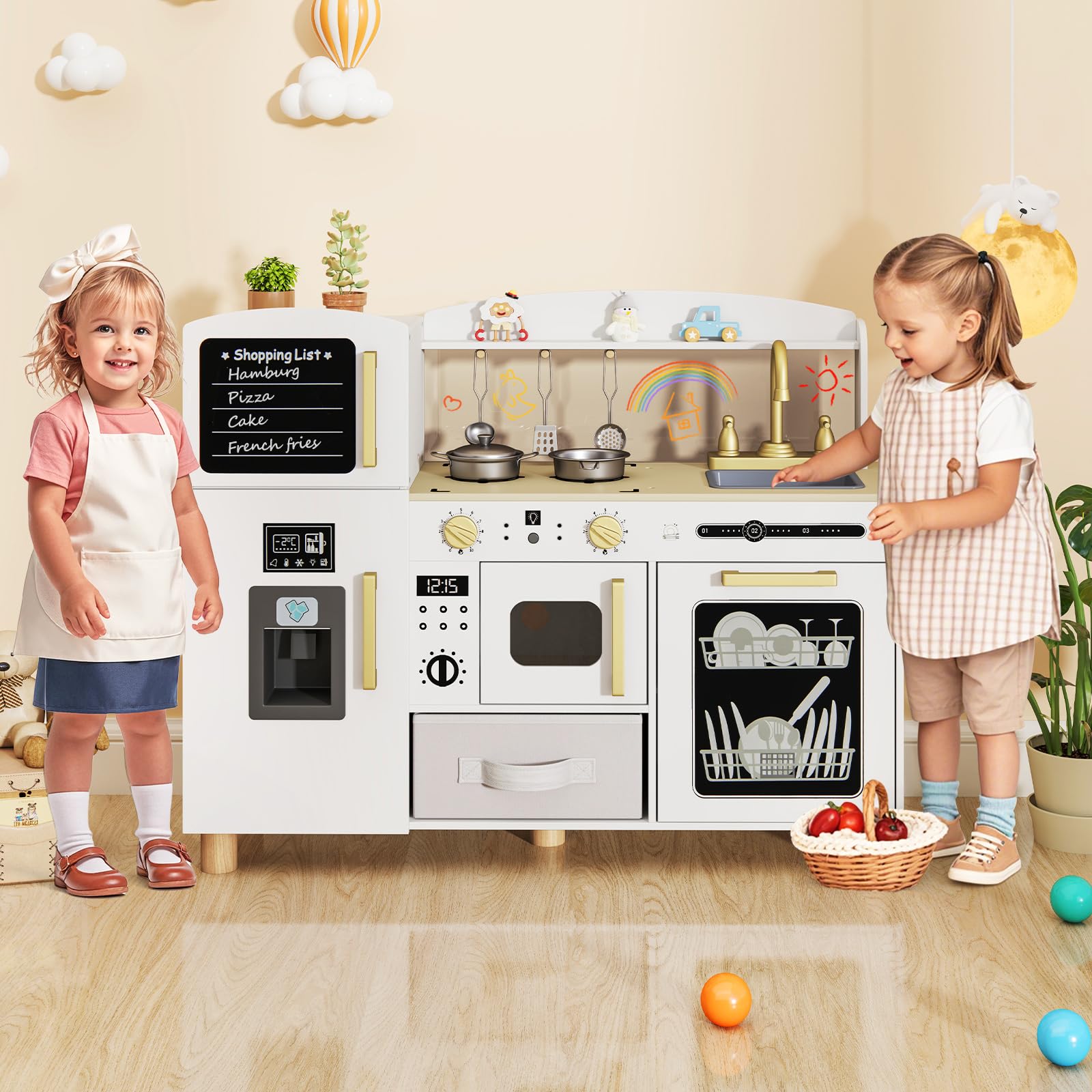 OLAKIDS Kids Kitchen Playset, Toddler Wooden Pretend Cooking Toy Set with Acrylic Drawing Board Ice Machine Dishwasher