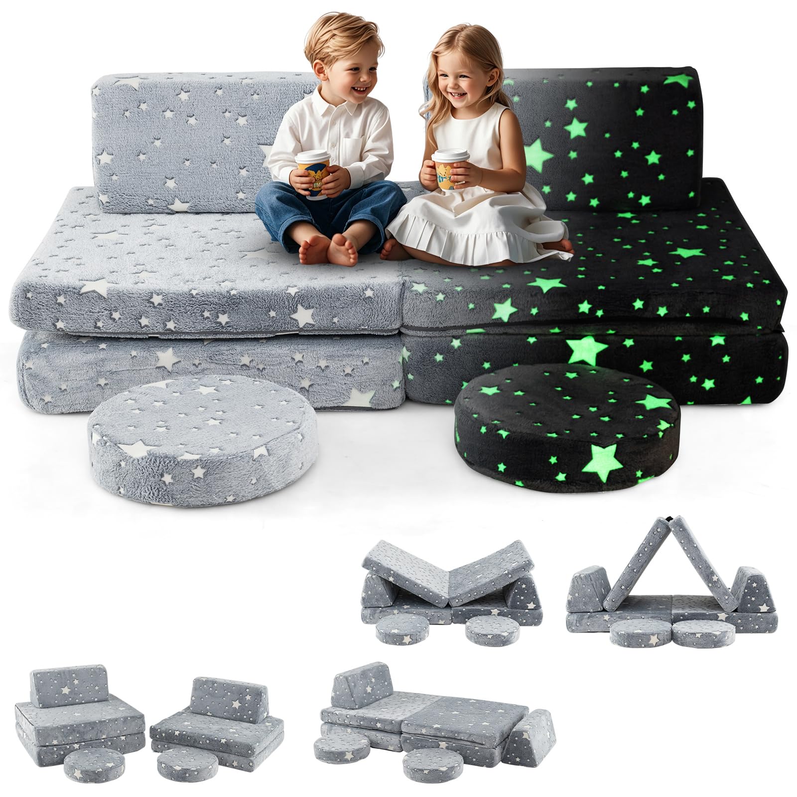 OLAKIDS Modular Kids Play Couch, 6 PCS Toddler Creative Sectional Fort Building Sofa for Playroom, Bedroom