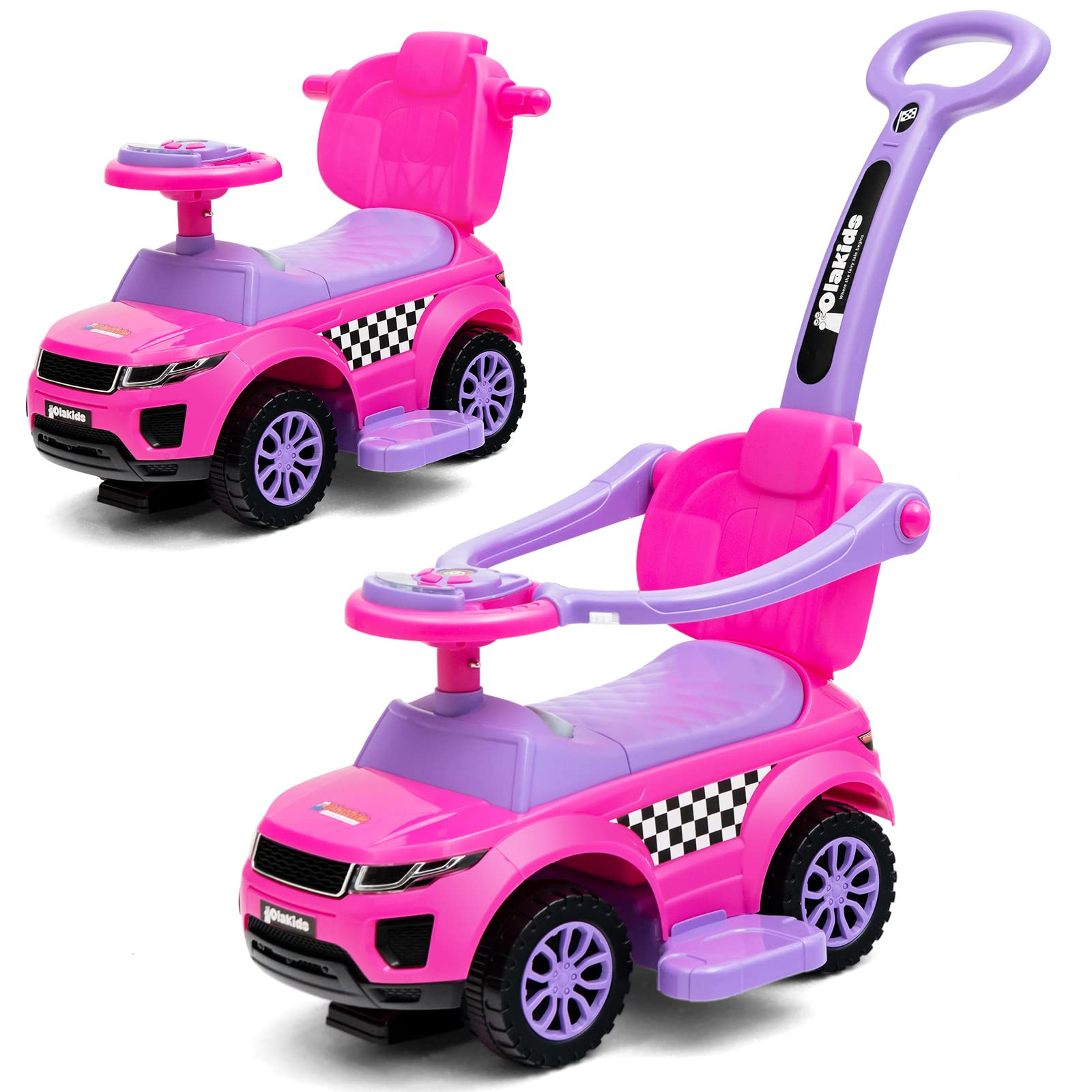 OLAKIDS 4 in 1 Ride on Push Car, Toddlers Stroller Sliding Walking Toy with Horn, Music, Lights, Removable Guardrails and Handle OLAKIDS