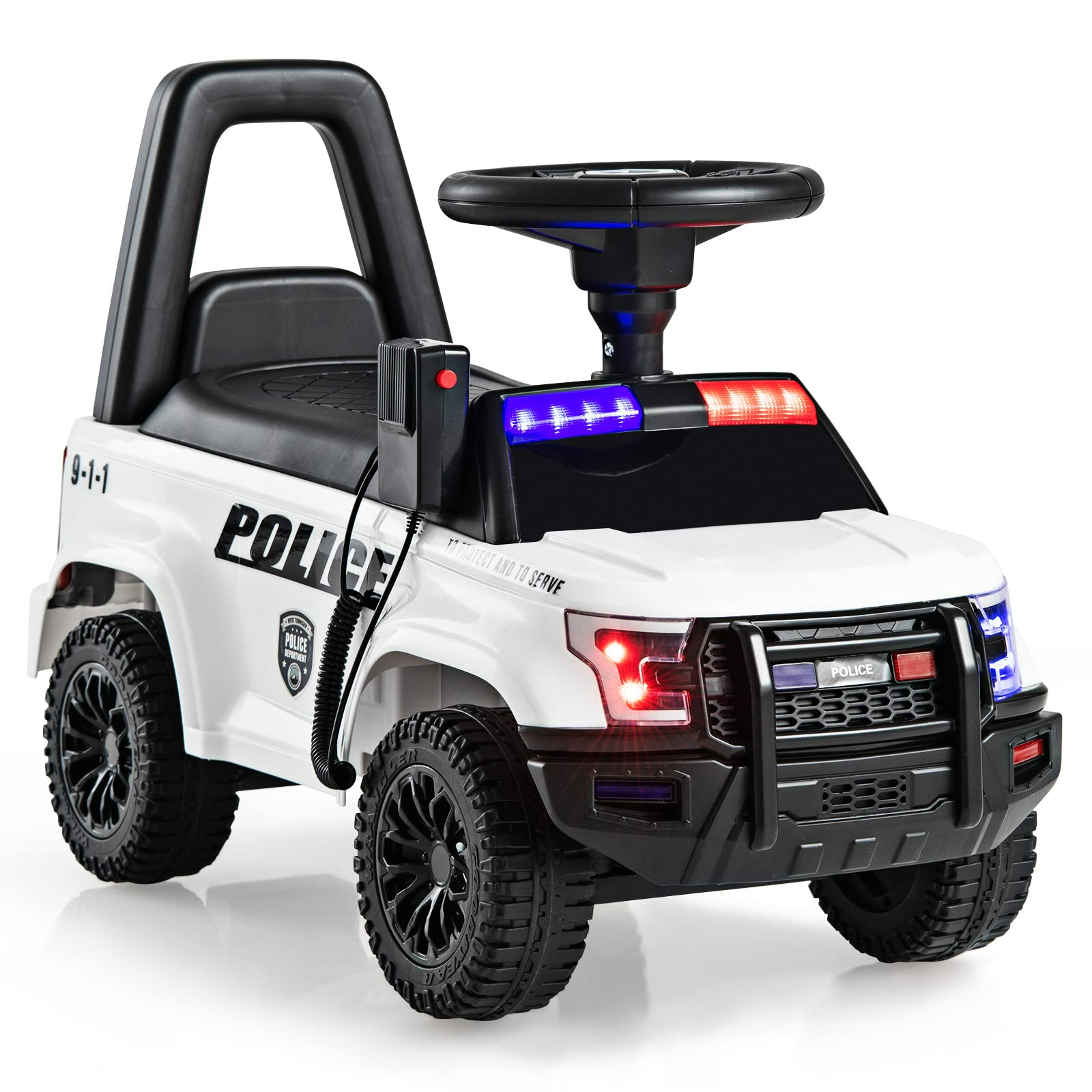 OLAKIDS Ride On Push Police Car, Toddler Foot-to-Floor Sliding Toy with Siren, Steering Wheel, Megaphone, Horn, Headlights, Under Seat Storage OLAKIDS