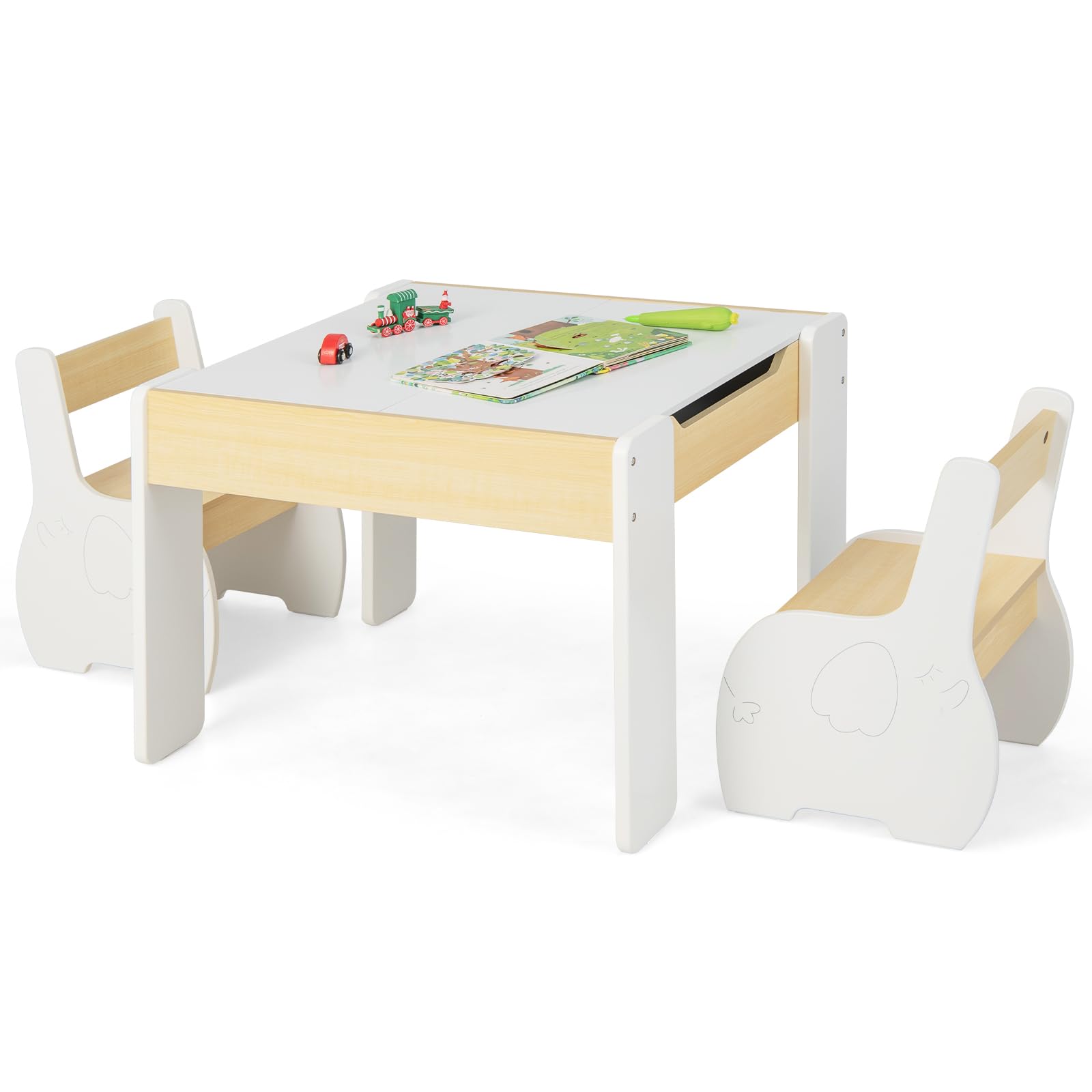 OLAKIDS 3 in 1 Kids Table and Chair Set, Wood Multi Activity Table with Removable Tabletop, Detachable Blackboard