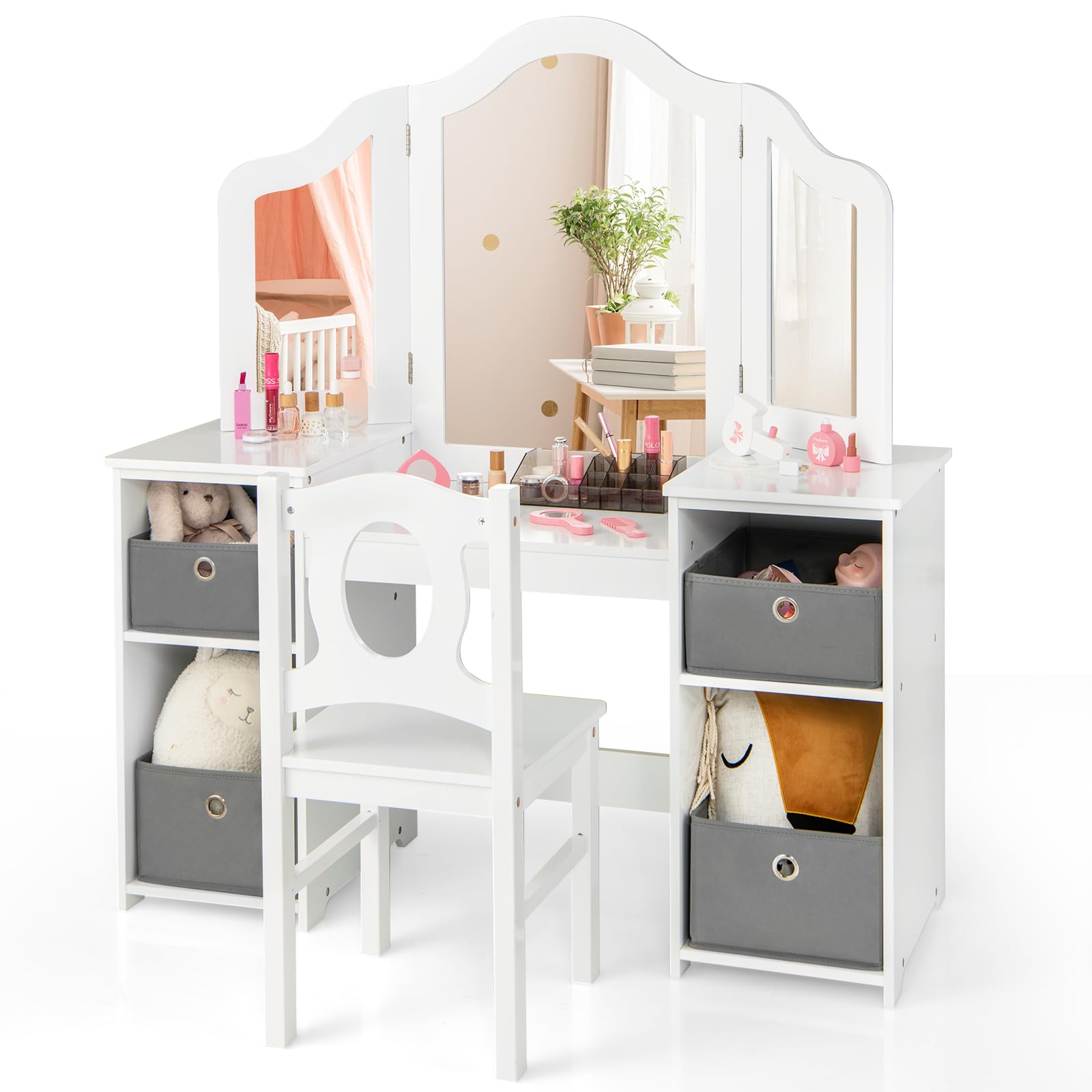 OLAKIDS Kids Vanity, 2 in 1 Princess Makeup Desk and Chair Set