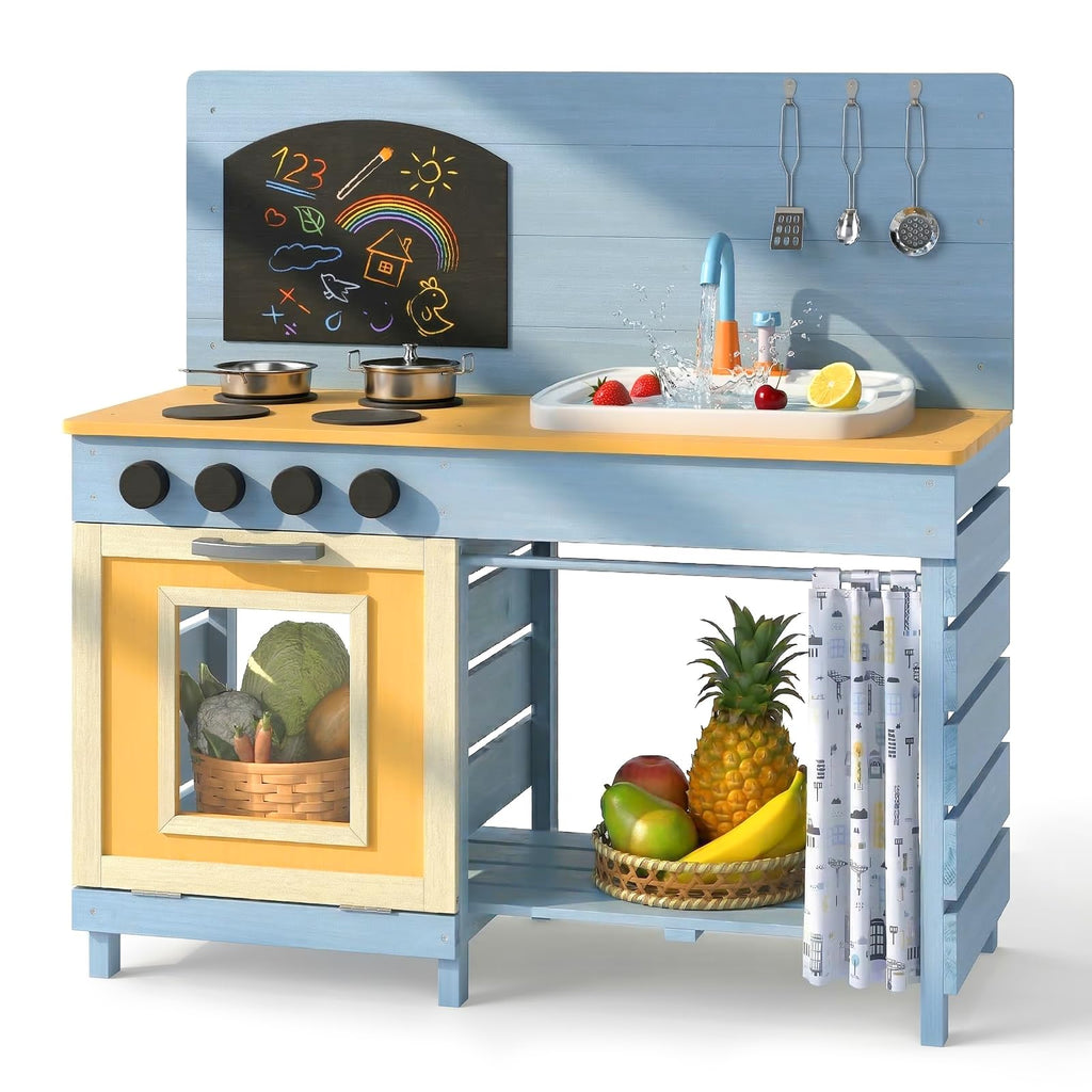 OLAKIDS Wooden Outdoor Mud Kitchen with Sink, Chalkboard & Stove for Kids