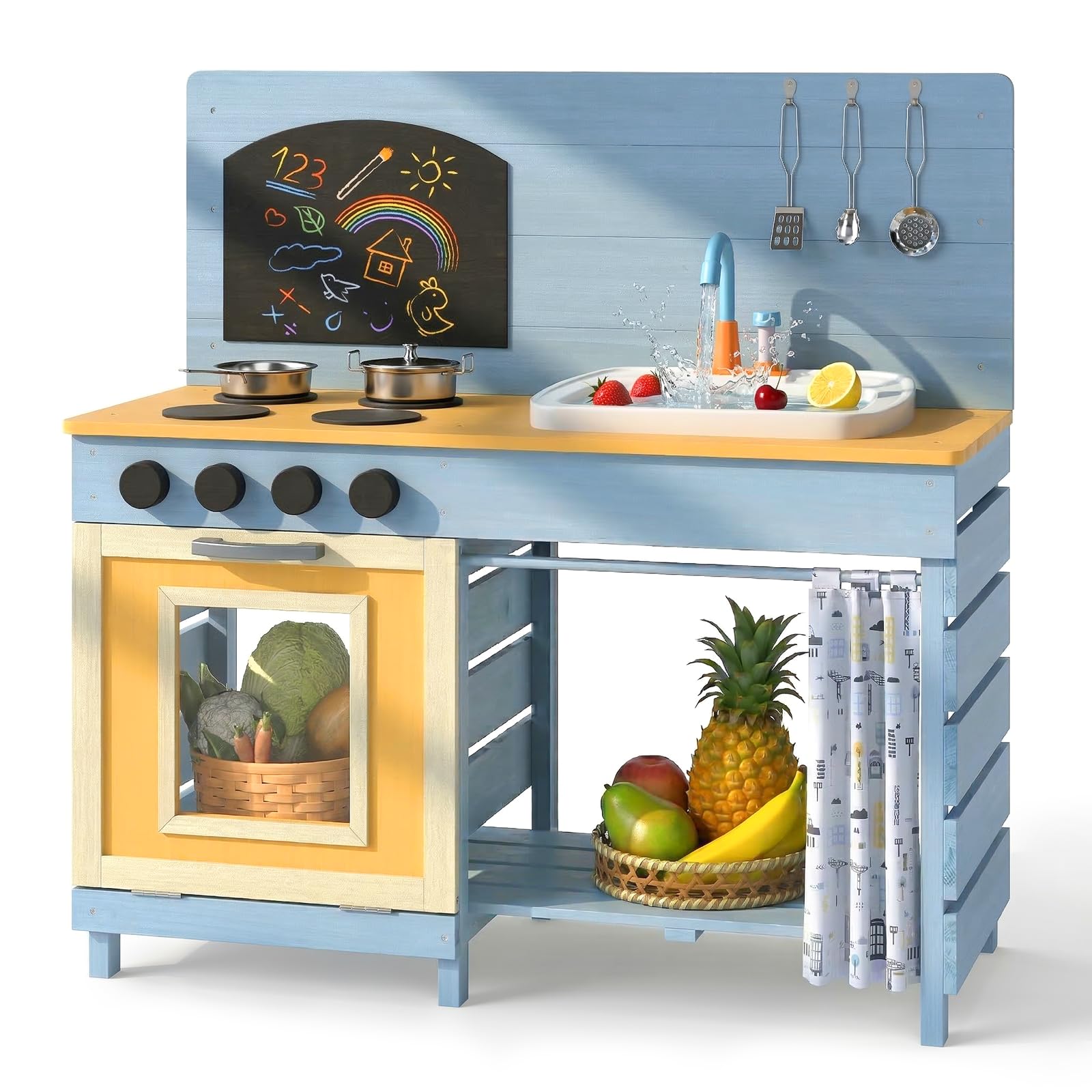OLAKIDS Wooden Outdoor Mud Kitchen with Sink, Chalkboard & Stove for Kids